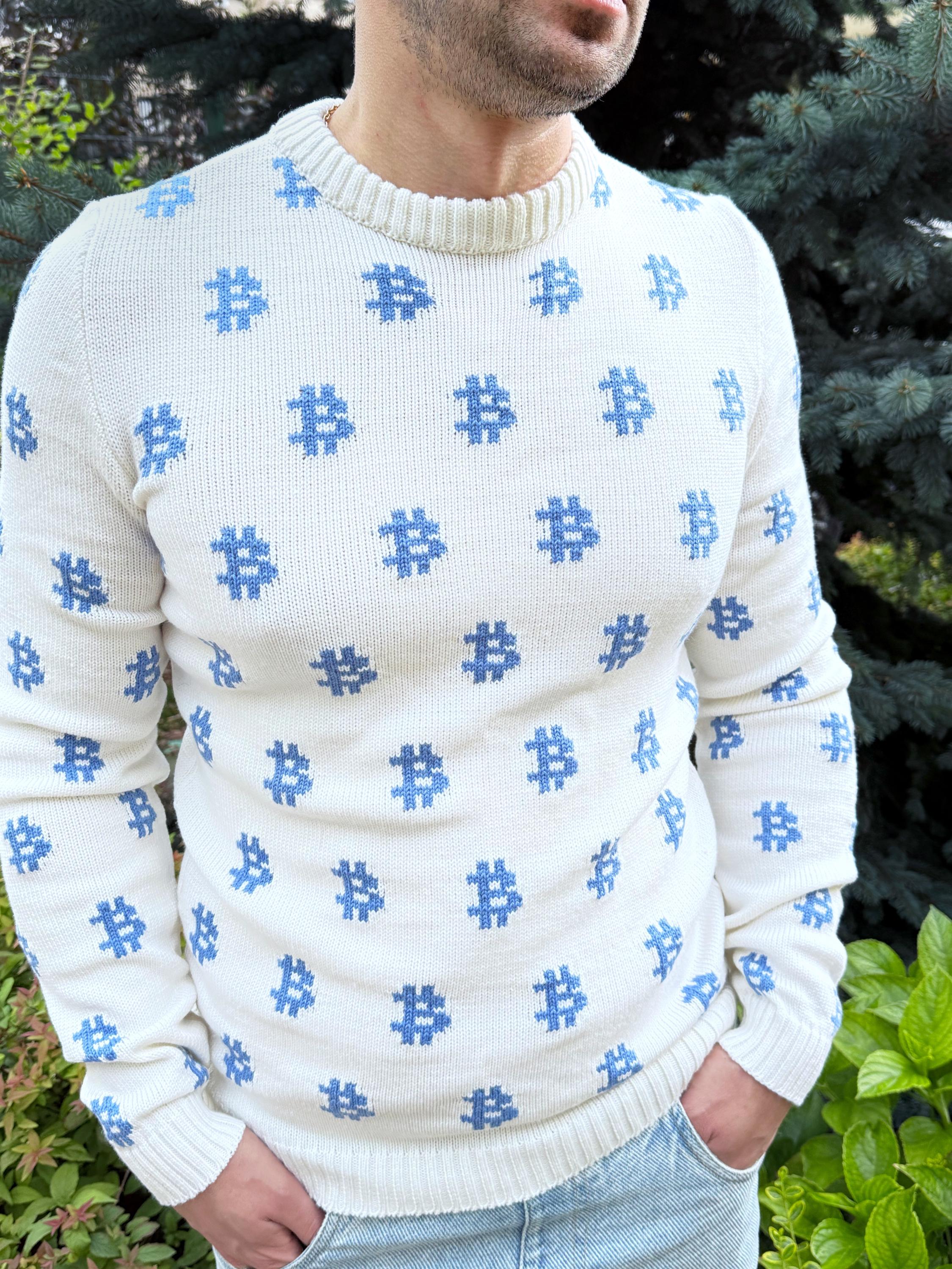 Men Bitcoin knit white blue sweater Crypto clothing Knitted merino funny sweater for him Bitcoin Unisex Crypto Sweater Funny Sweatshirt
