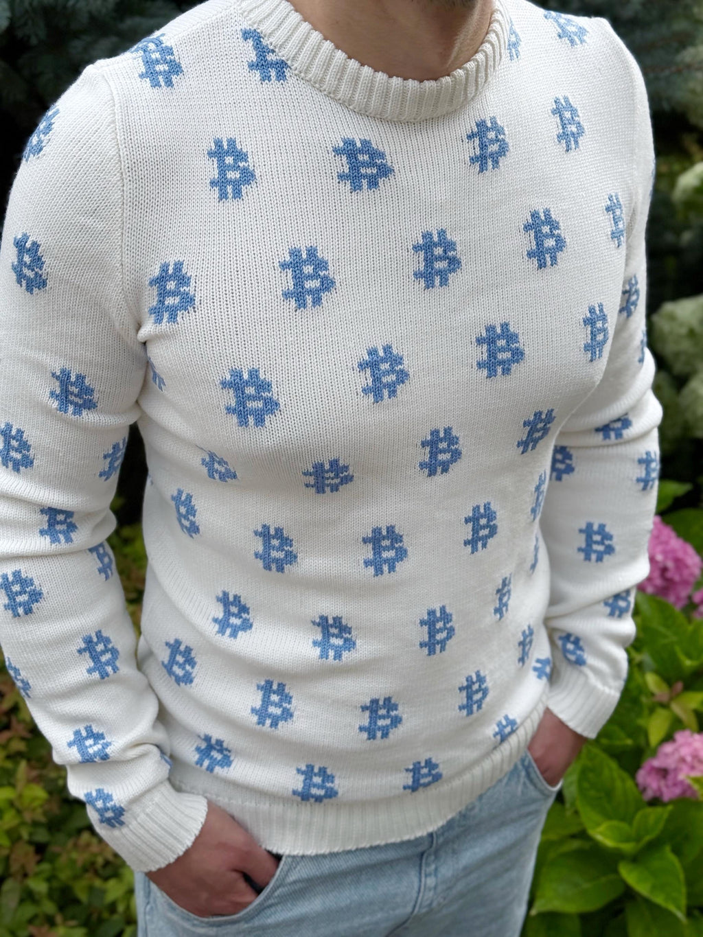 Men Bitcoin knit white blue sweater Crypto clothing Knitted merino funny sweater for him Bitcoin Unisex Crypto Sweater Funny Sweatshirt
