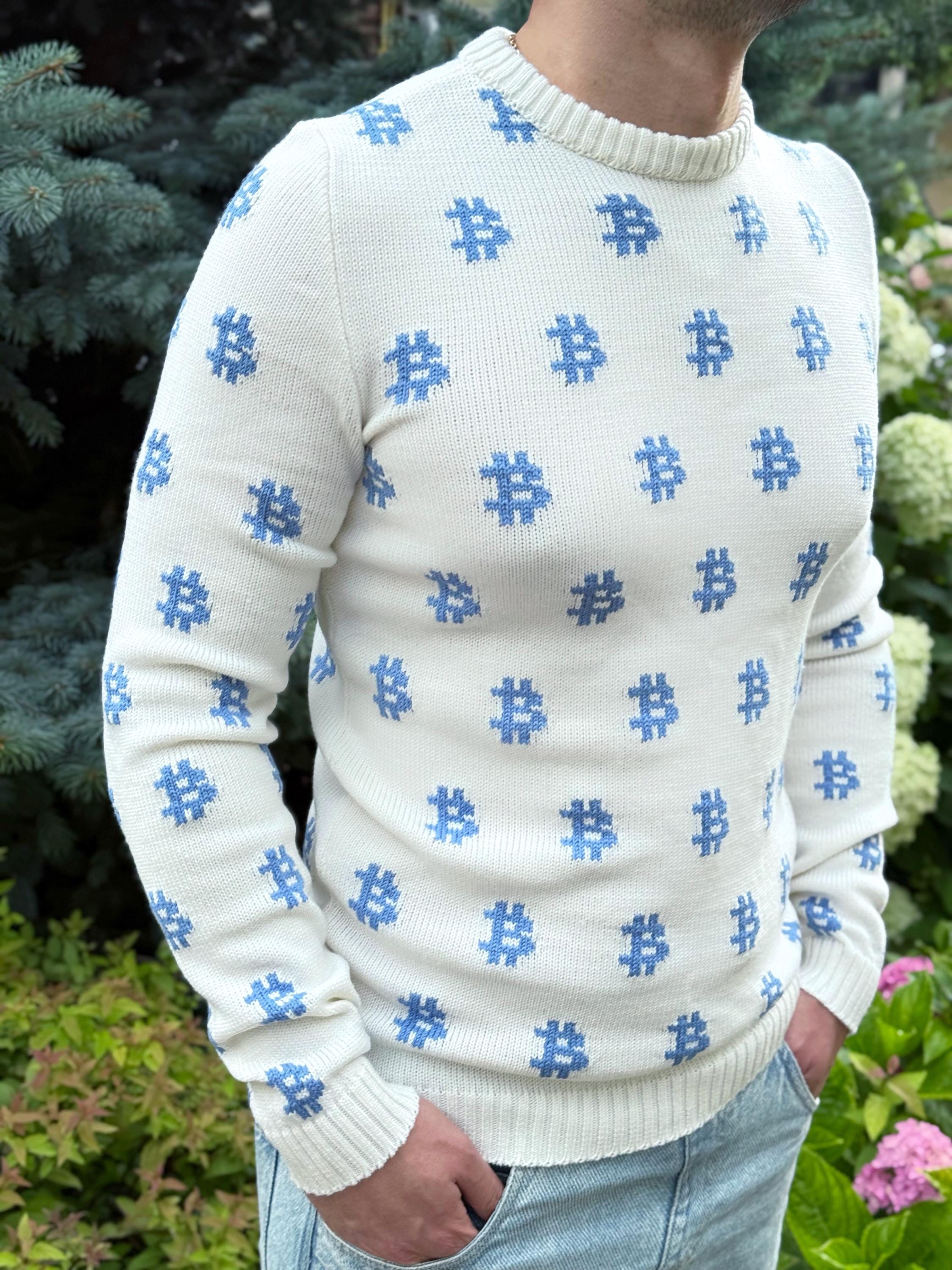 Men Bitcoin knit white blue sweater Crypto clothing Knitted merino funny sweater for him Bitcoin Unisex Crypto Sweater Funny Sweatshirt