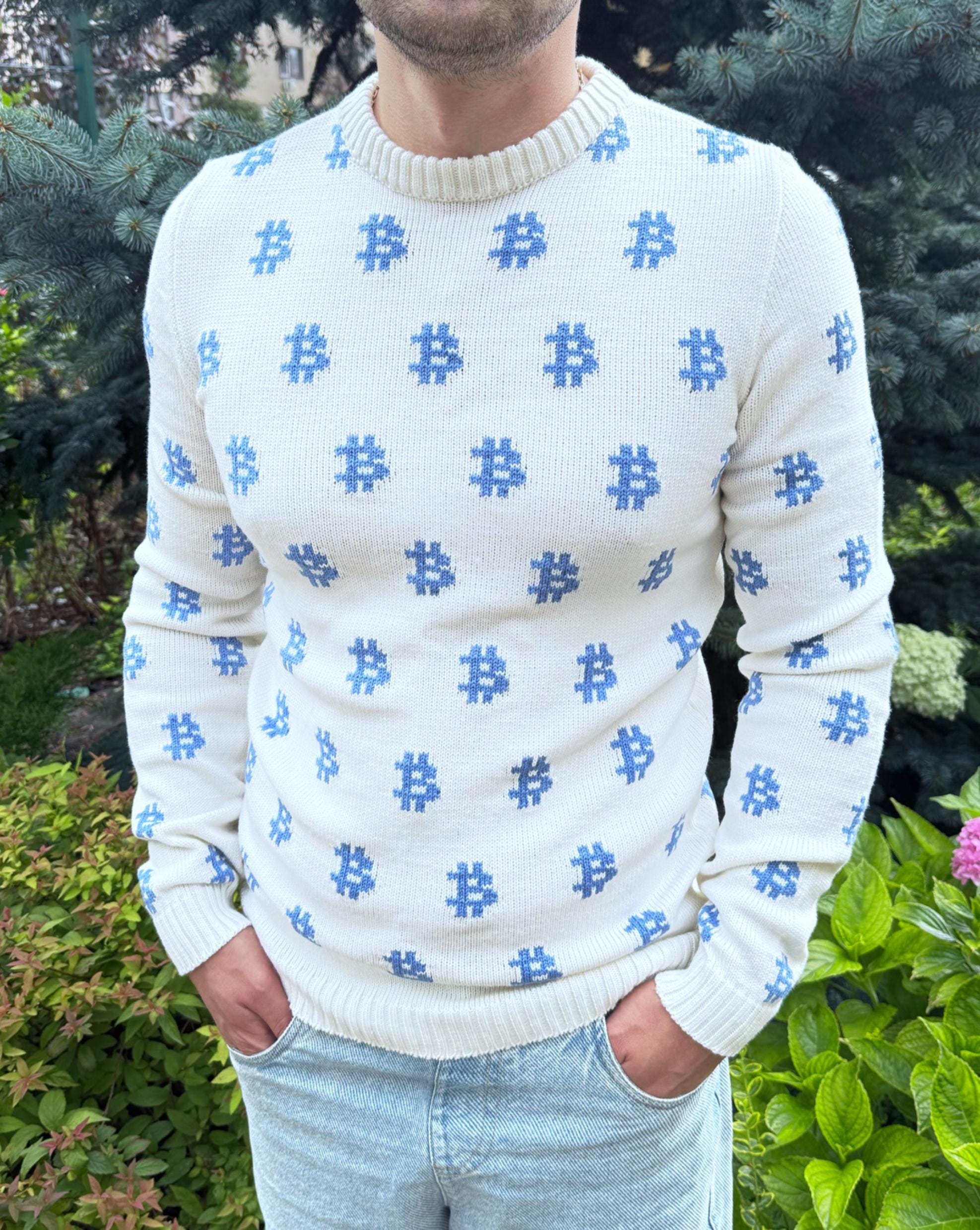 Men Bitcoin knit white blue sweater Crypto clothing Knitted merino funny sweater for him Bitcoin Unisex Crypto Sweater Funny Sweatshirt