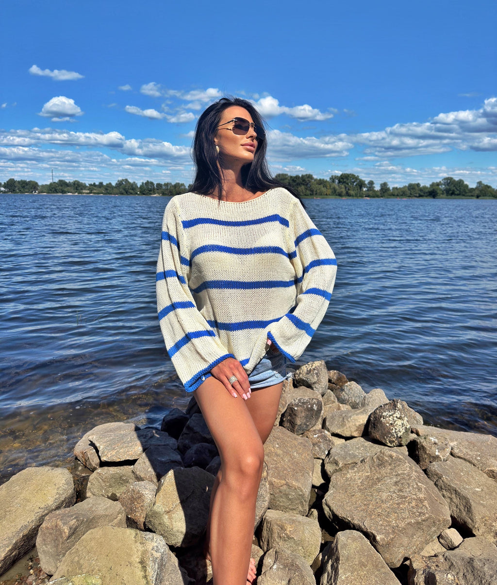 Lightweight thin knit nautical white milk pullover in blue stripes Womens oversize sweater cream blue striped wide sleeve Boat Neck Collar