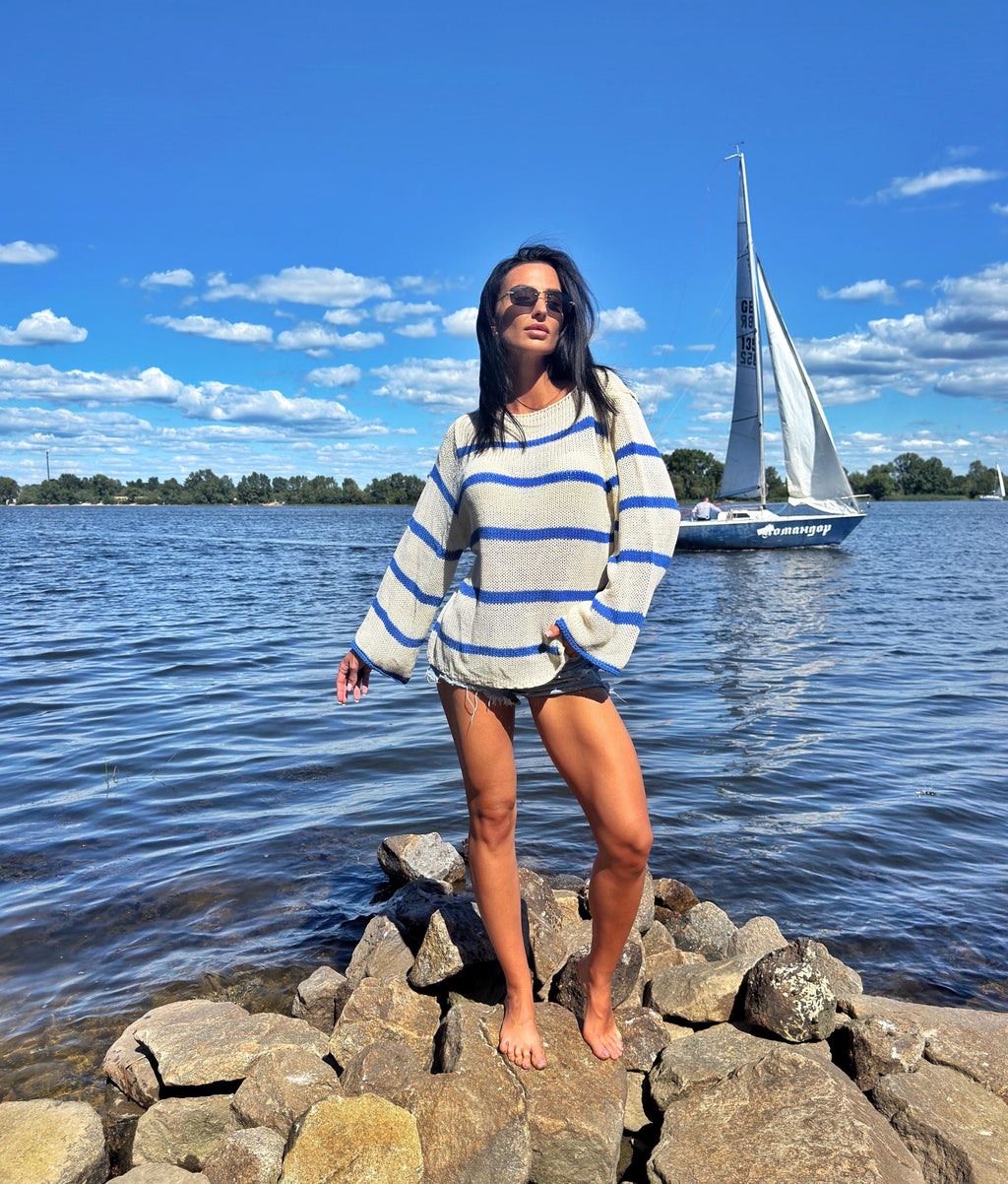 Handknit sailor white milk pullover blue stripes wool organic cotton Womens oversize sweater cream blue striped wide sleeve Boat Neck Collar