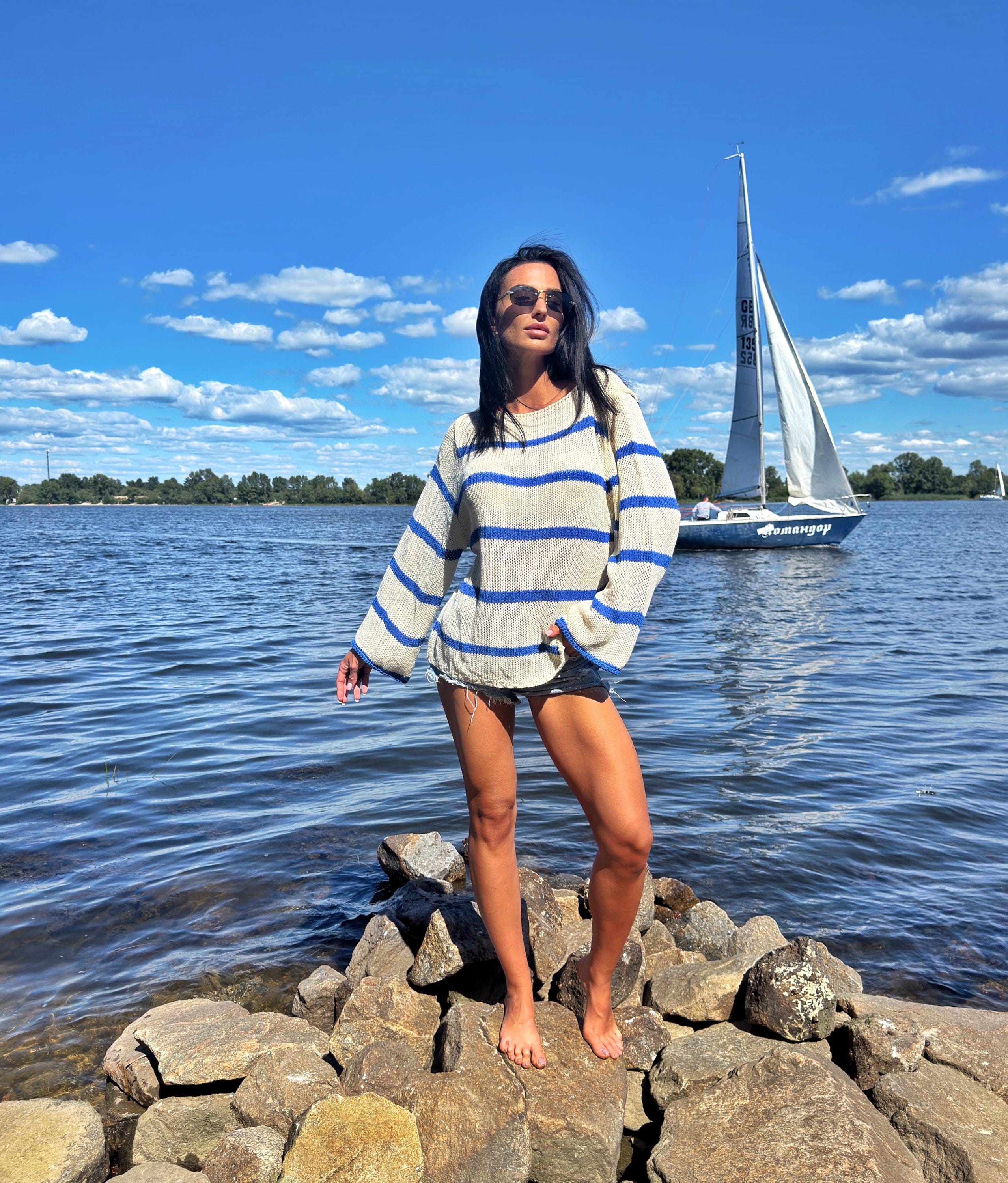Handknit sailor white milk pullover blue stripes wool organic cotton Womens oversize sweater cream blue striped wide sleeve Boat Neck Collar
