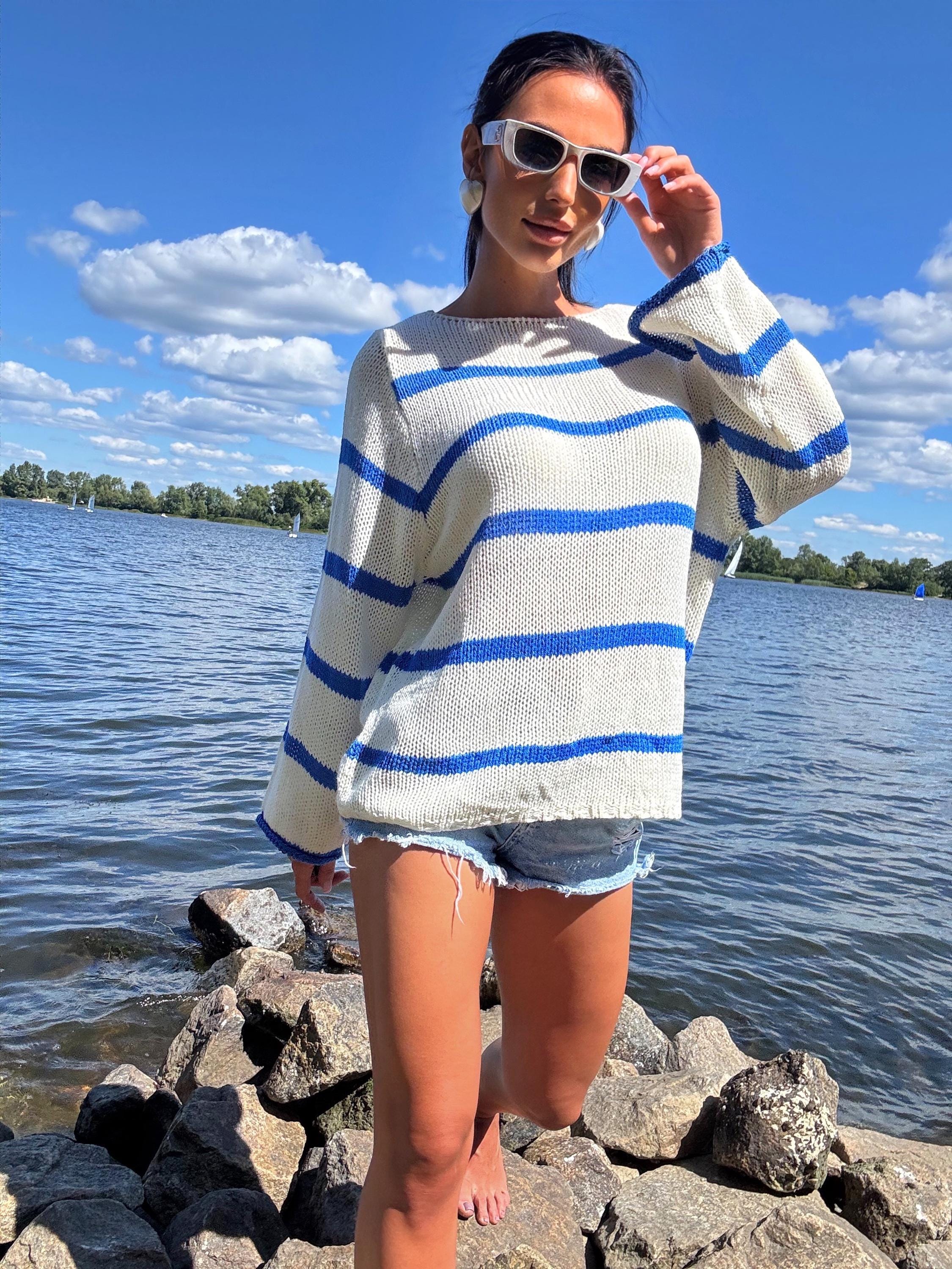 Handknit sailor white milk pullover blue stripes wool organic cotton Womens oversize sweater cream blue striped wide sleeve Boat Neck Collar