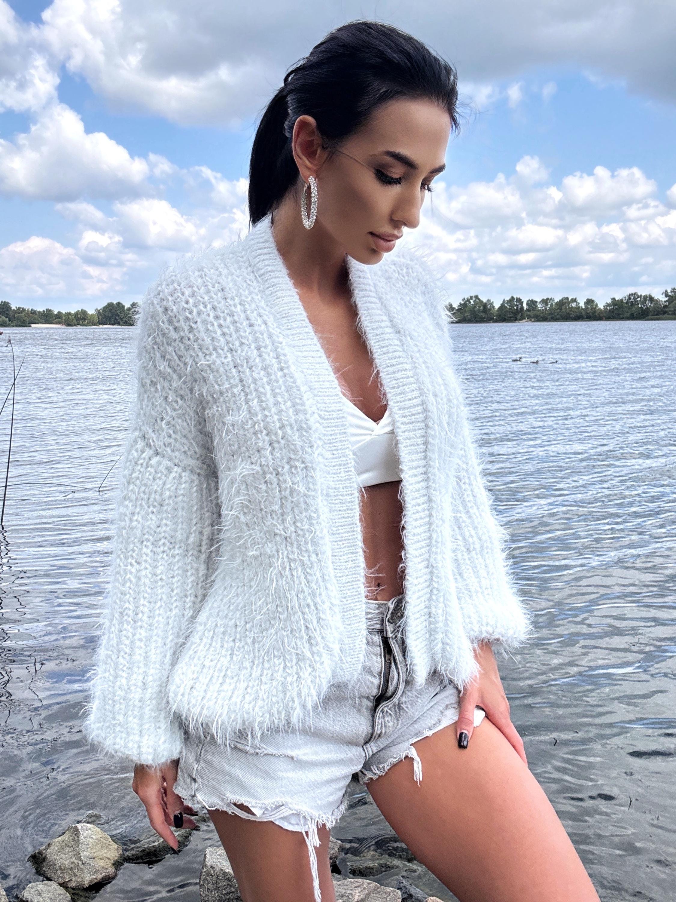 Hand knit White - Grey fluffy merino wool mix cardigan women Wedding wool cardigan Fall shaggy Coat Jacket Women Bridal shrug bolero