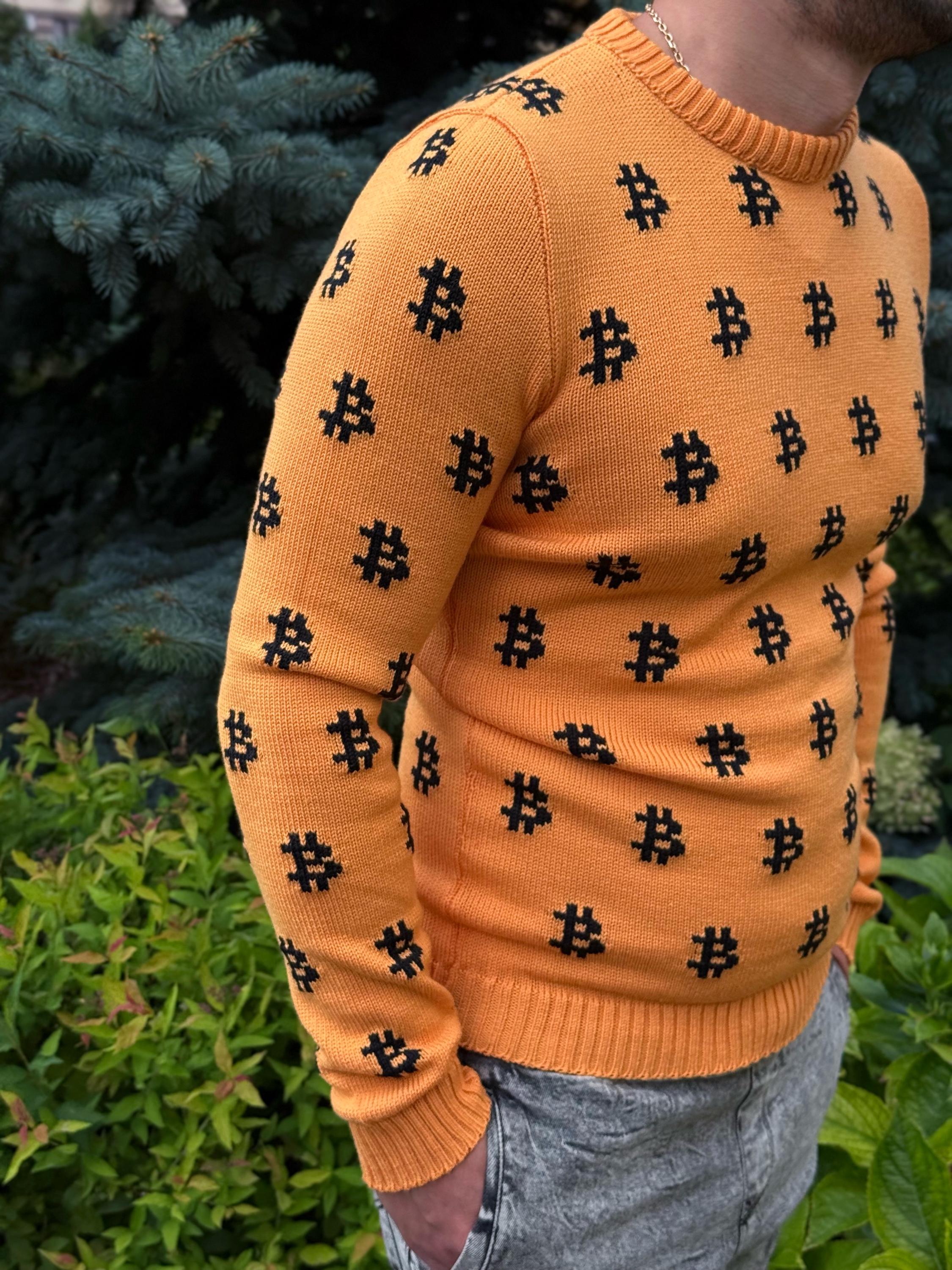 Hand knit mens «В» orange black sweater Crypto clothing Knitted merino funny sweater for him Bitcoin Unisex Crypto Sweater Funny Sweatshirt