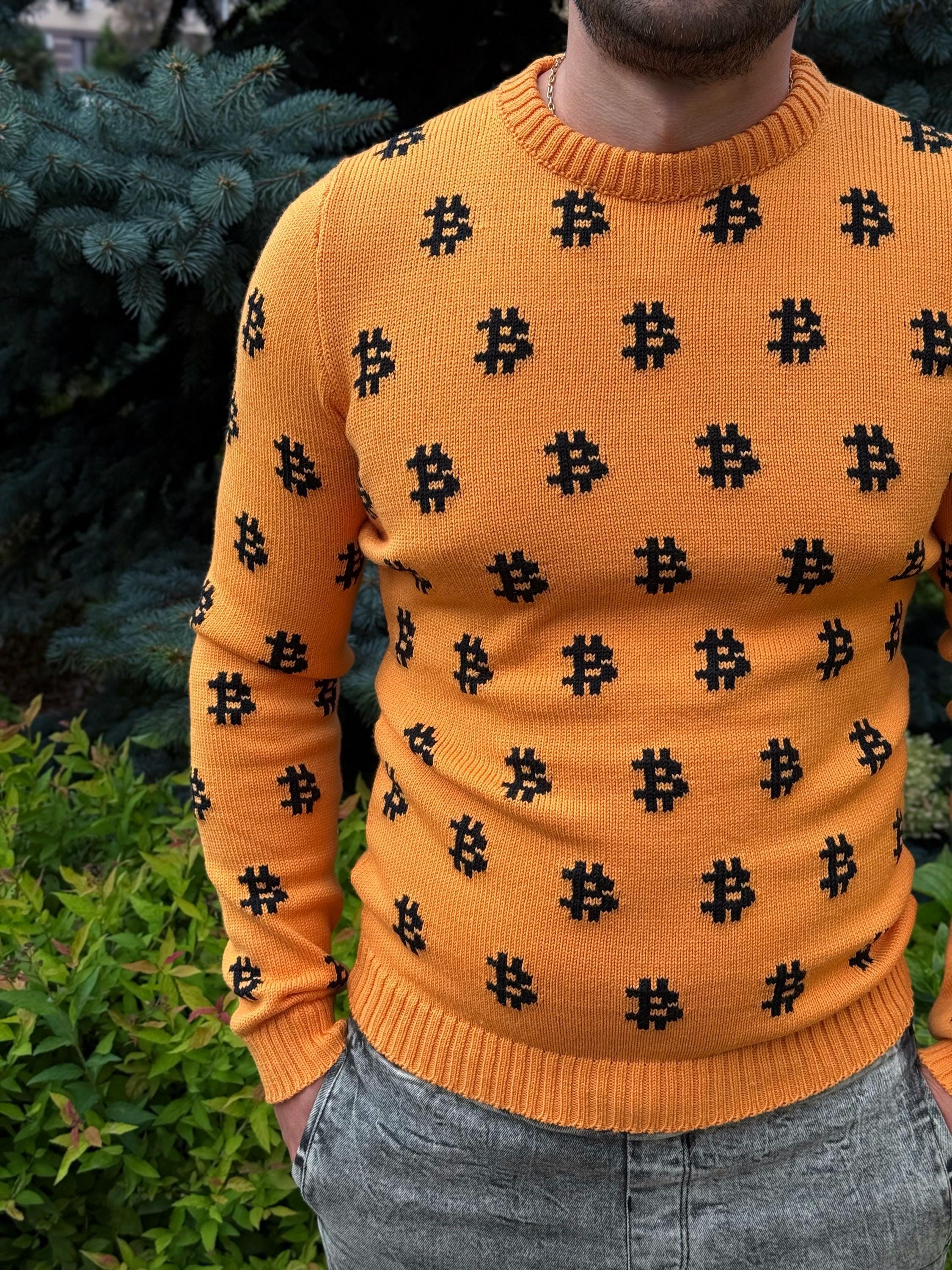 Hand knit mens «В» orange black sweater Crypto clothing Knitted merino funny sweater for him Bitcoin Unisex Crypto Sweater Funny Sweatshirt