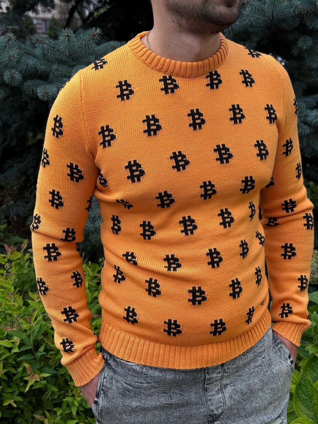 Hand knit mens «В» orange black sweater Crypto clothing Knitted merino funny sweater for him Bitcoin Unisex Crypto Sweater Funny Sweatshirt