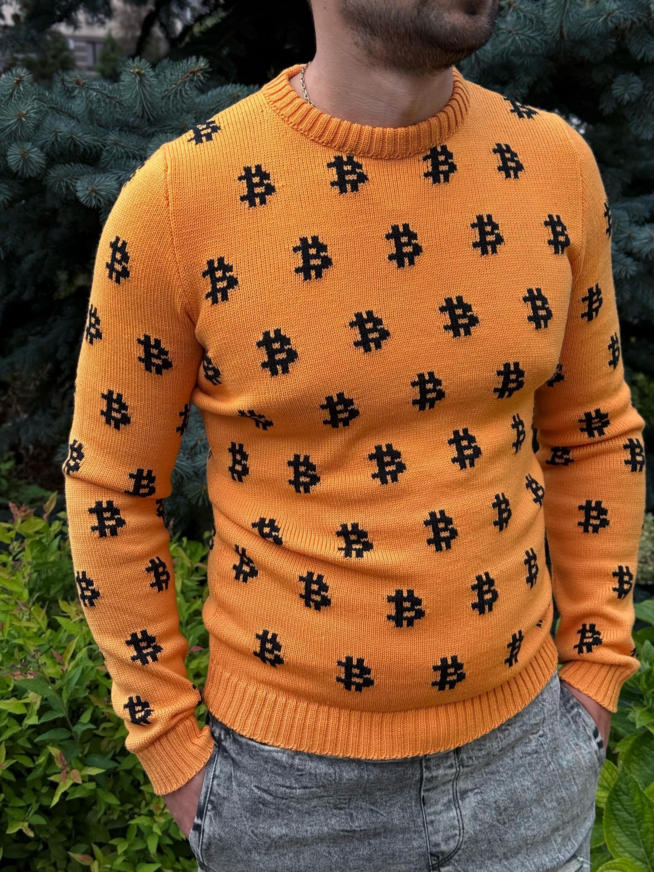 Hand knit mens «В» orange black sweater Crypto clothing Knitted merino funny sweater for him Bitcoin Unisex Crypto Sweater Funny Sweatshirt