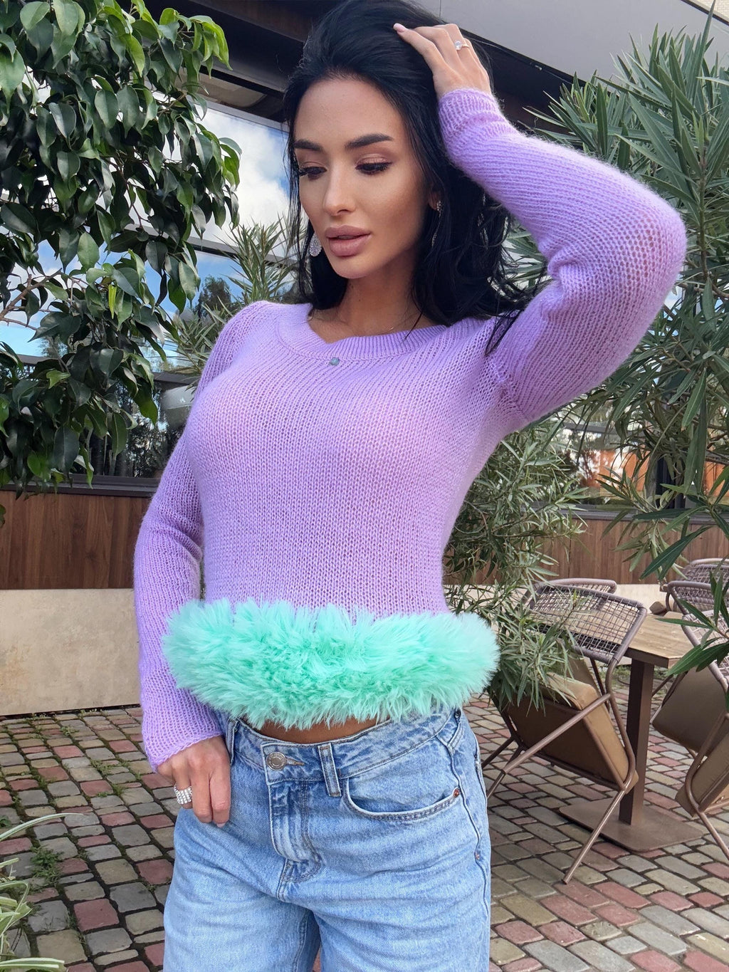 Cropped mohair lilac sweater with blue imitation feathers Pink crop fuzzy pullover skinny long sleeves boat neck Party sweater blue feathers