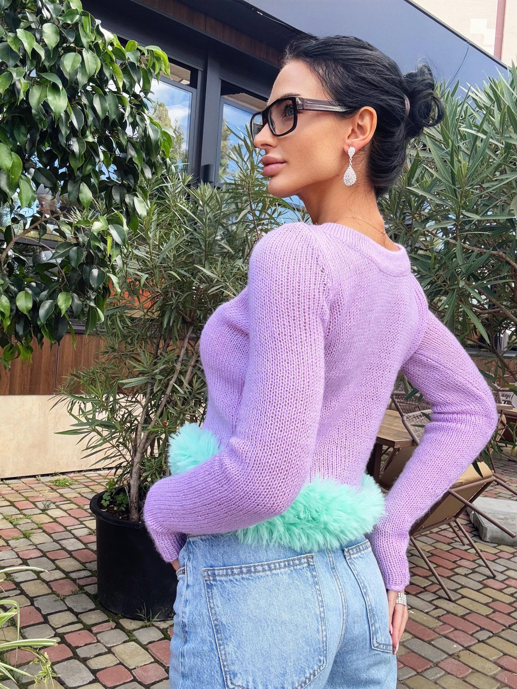 Mohair wool hand knit crop lilac thin sweater longsleev with light green imitation feathers Pink crop fuzzy pullover skinny boat neck