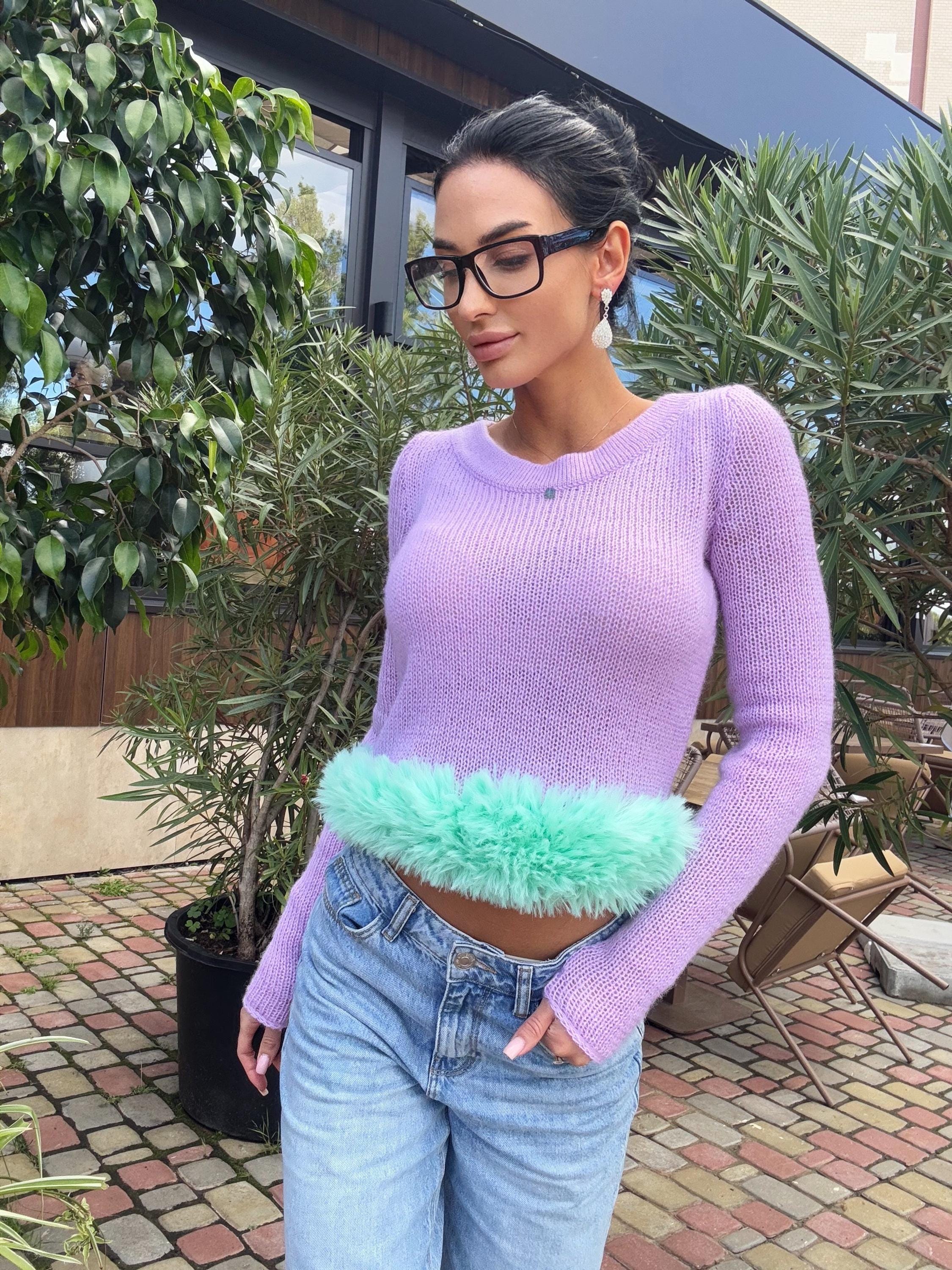 Cropped mohair lilac sweater with blue imitation feathers Pink crop fuzzy pullover skinny long sleeves boat neck Party sweater blue feathers