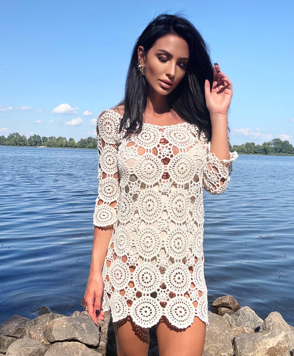 Crochet Beach Mini Cover Up Pastel Dress Women White Milk Boho Summer Swimwear Coverup Handmade Openwork Festival Outfit Vacation Dress