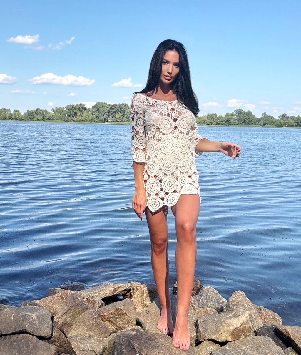 Crochet Beach Mini Cover Up Pastel Dress Women White Milk Boho Summer Swimwear Coverup Handmade Openwork Festival Outfit Vacation Dress