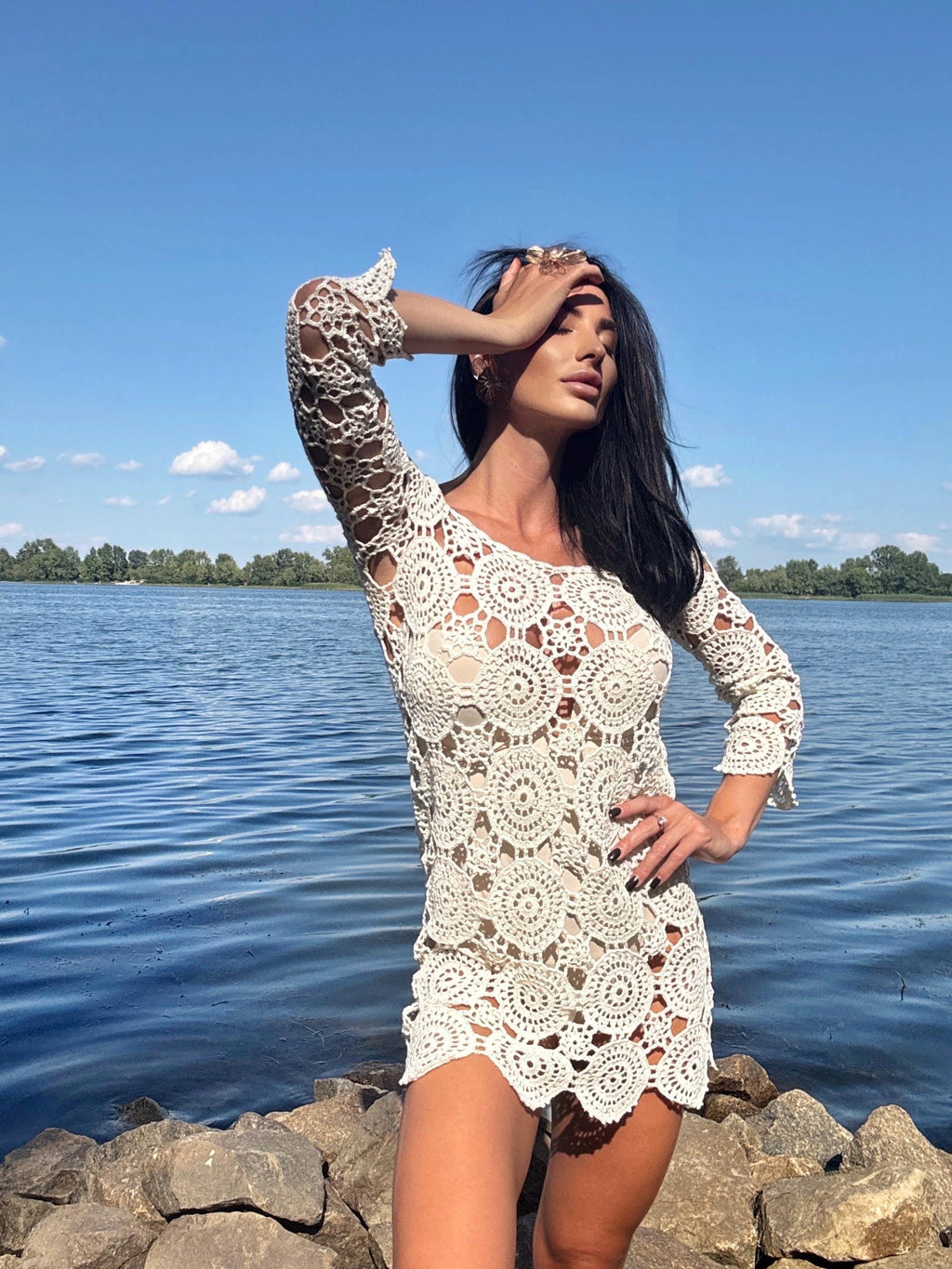 Crochet Beach Mini Cover Up Pastel Dress Women White Milk Boho Summer Swimwear Coverup Handmade Openwork Festival Outfit Vacation Dress
