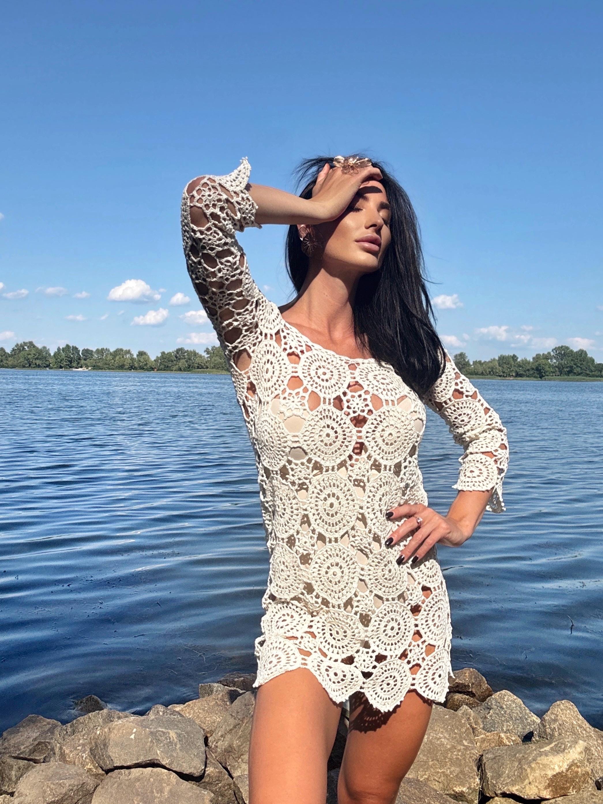Crochet Beach Mini Cover Up Pastel Dress Women White Milk Boho Summer Swimwear Coverup Handmade Openwork Festival Outfit Vacation Dress