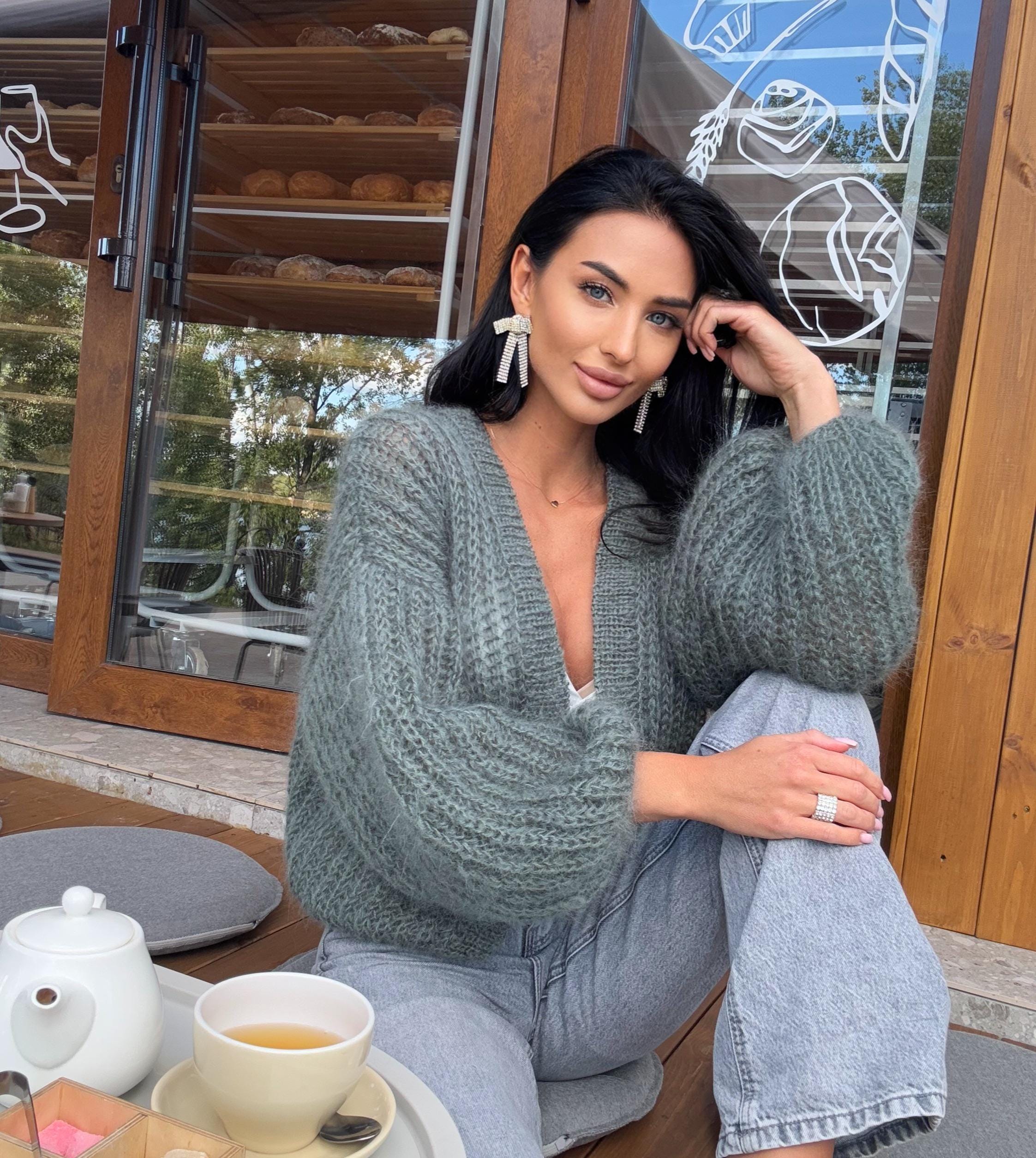 Mohair wool cropped Khaki Green cardigan bomber women Mohair sweater knitted coat Jacket Casual shrug bolero Fluffy short cardigan