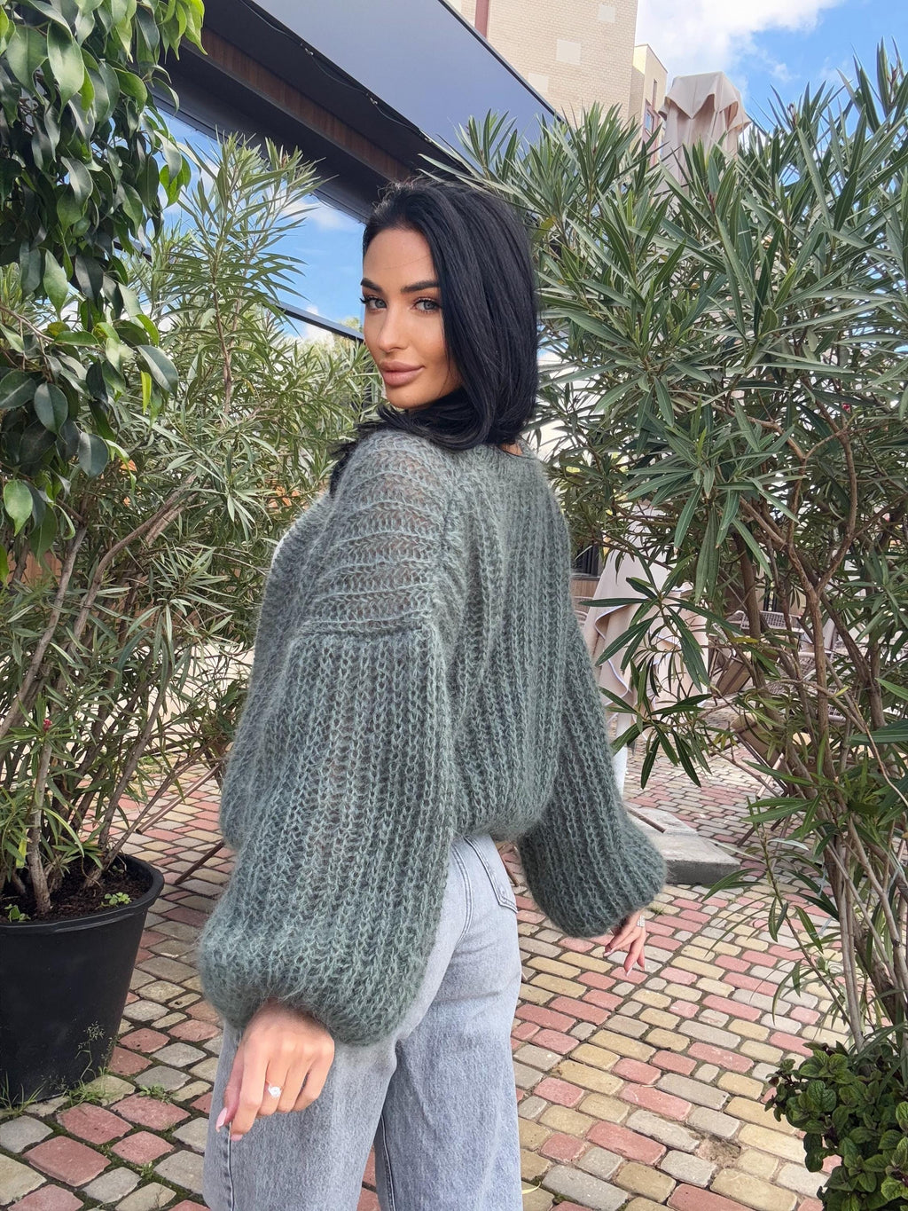 Mohair wool cropped Khaki Green cardigan bomber women Mohair sweater knitted coat Jacket Casual shrug bolero Fluffy short cardigan