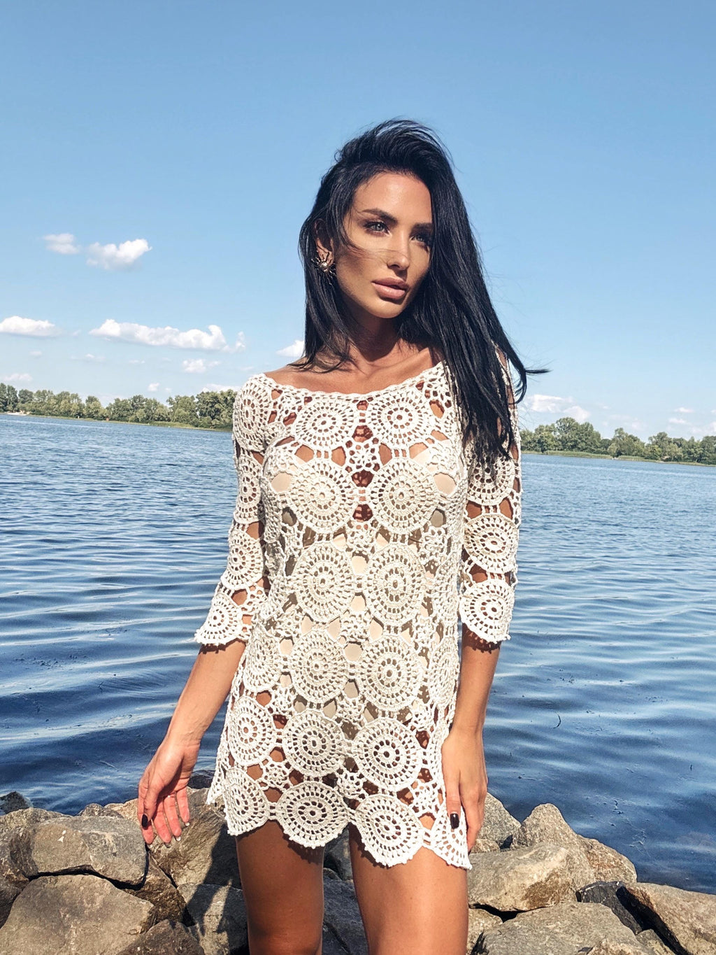 Crochet Beach Mini Cover Up Pastel Dress Women White Milk Boho Summer Swimwear Coverup Handmade Openwork Festival Outfit Vacation Dress