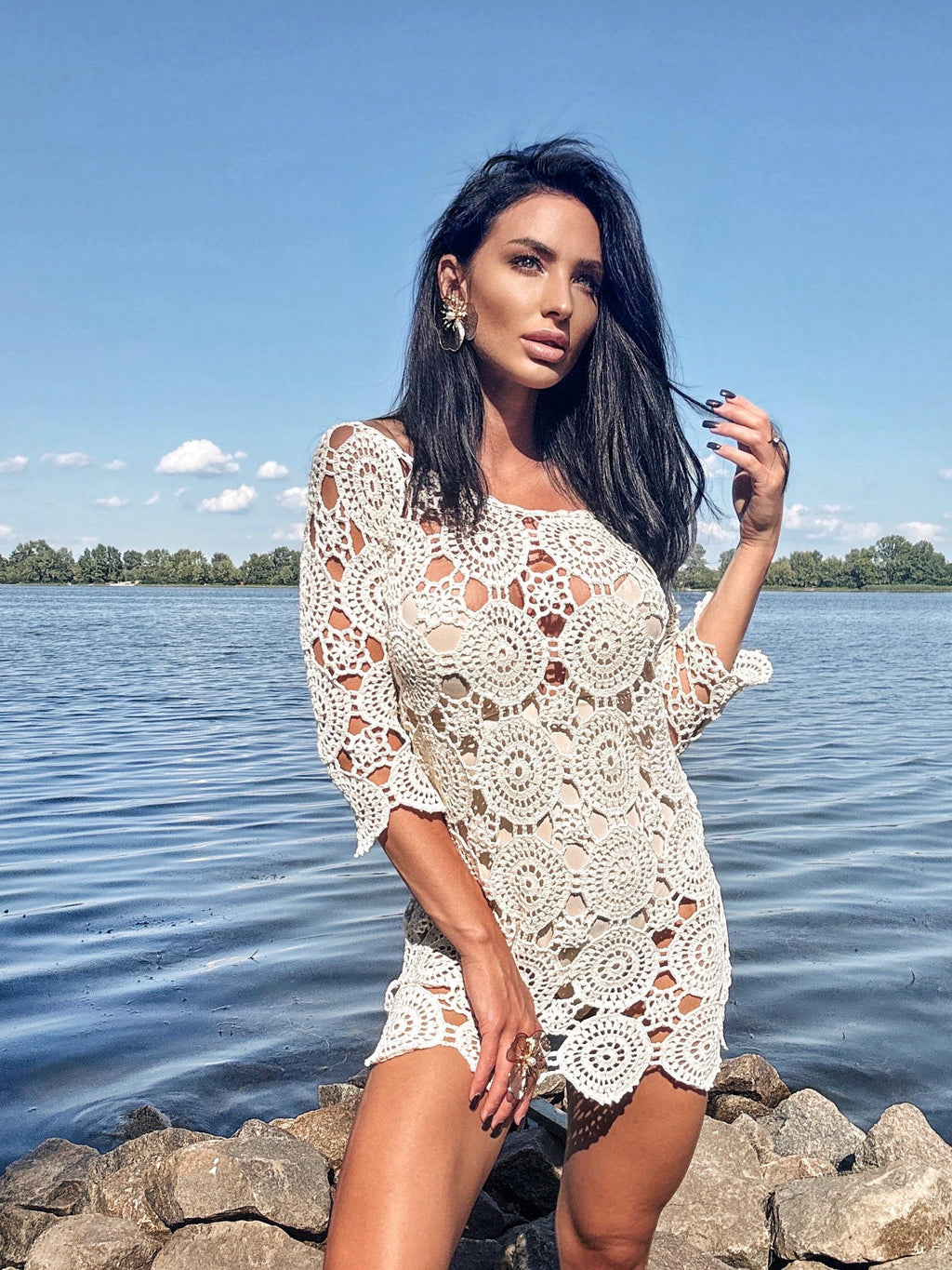 Crochet Beach Mini Cover Up Pastel Dress Women White Milk Boho Summer Swimwear Coverup Handmade Openwork Festival Outfit Vacation Dress