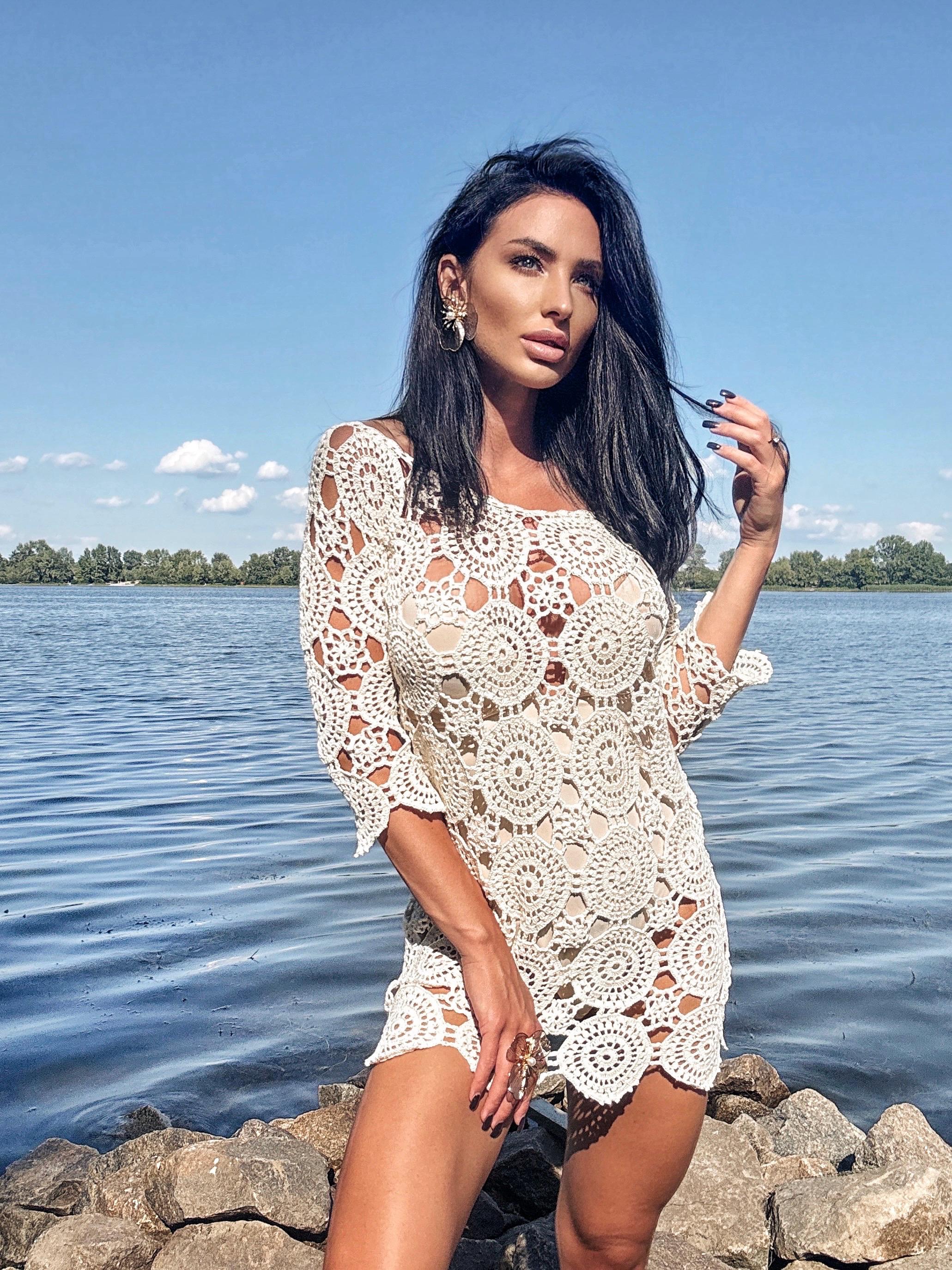 Crochet Beach Mini Cover Up Pastel Dress Women White Milk Boho Summer Swimwear Coverup Handmade Openwork Festival Outfit Vacation Dress