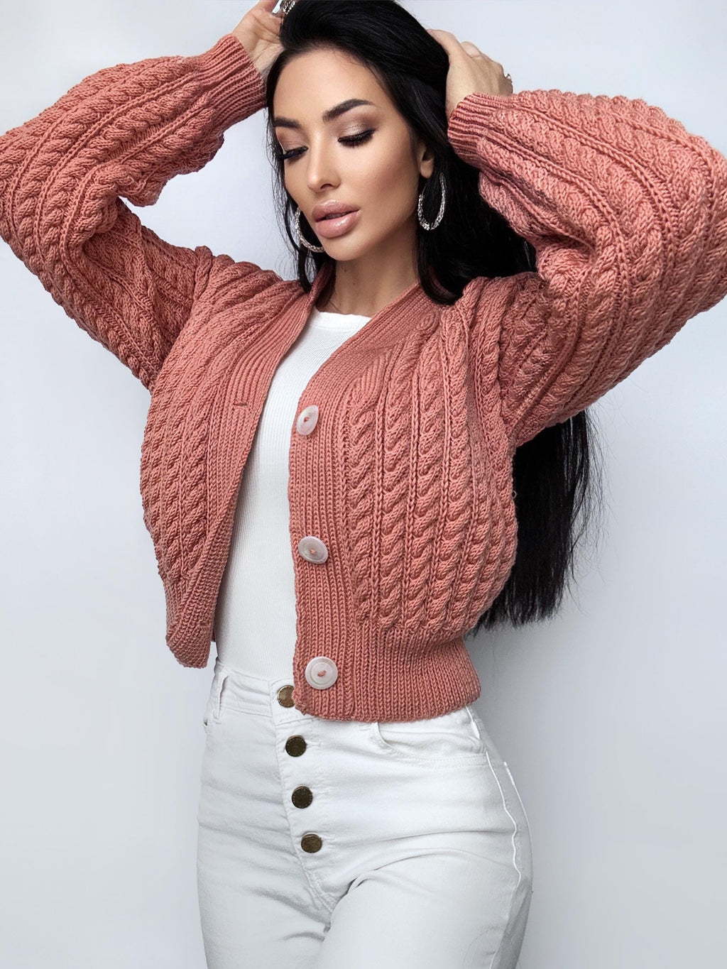 Crop cardigan Hand knit blue cardigan sweater Crop top sweater Cable knit cardigan Chunky Cozy cardigan short knitted jacket Gift for her