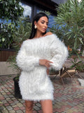 Hand knit fluffy white grey women off shoulder sweater dress Long Cable wool sweater Knitted one shoulder dress Big cozy