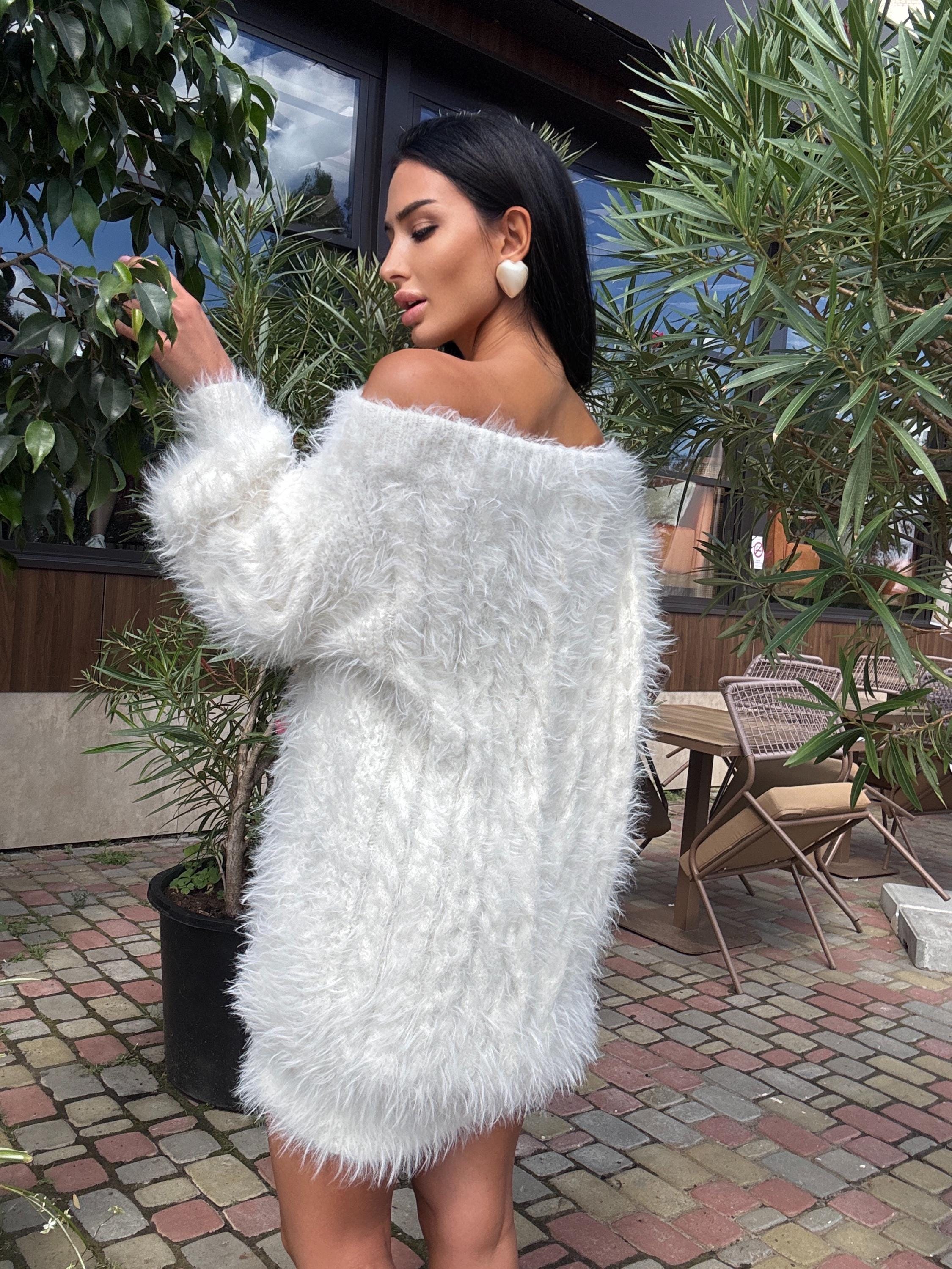Hand knit Gray Silver fluffy women off shoulder sweater dress Long Cable knit merino wool sweater open shoulders dress Big aran long sweate
