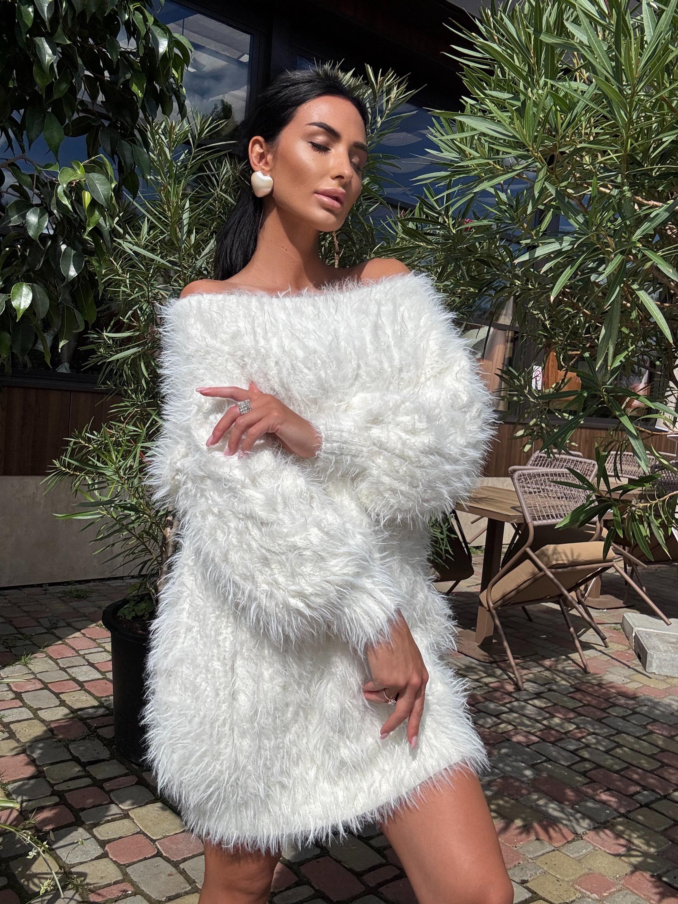Hand knit fluffy white grey women off shoulder sweater dress Long Cabl – AlyaFranka
