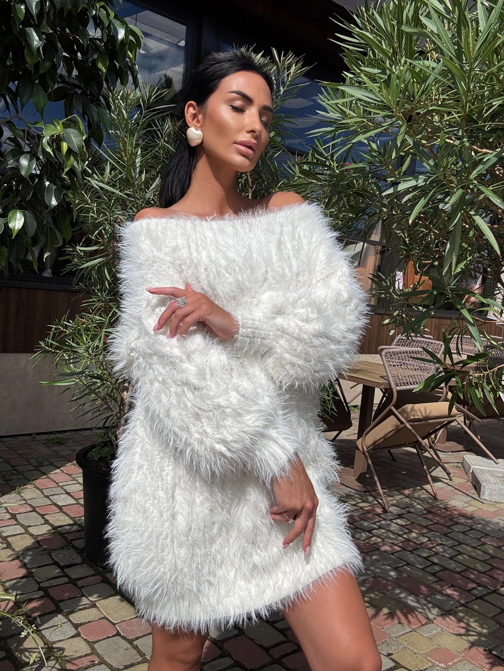 Hand knit fluffy white grey women off shoulder sweater dress Long Cable wool sweater Knitted one shoulder dress Big cozy