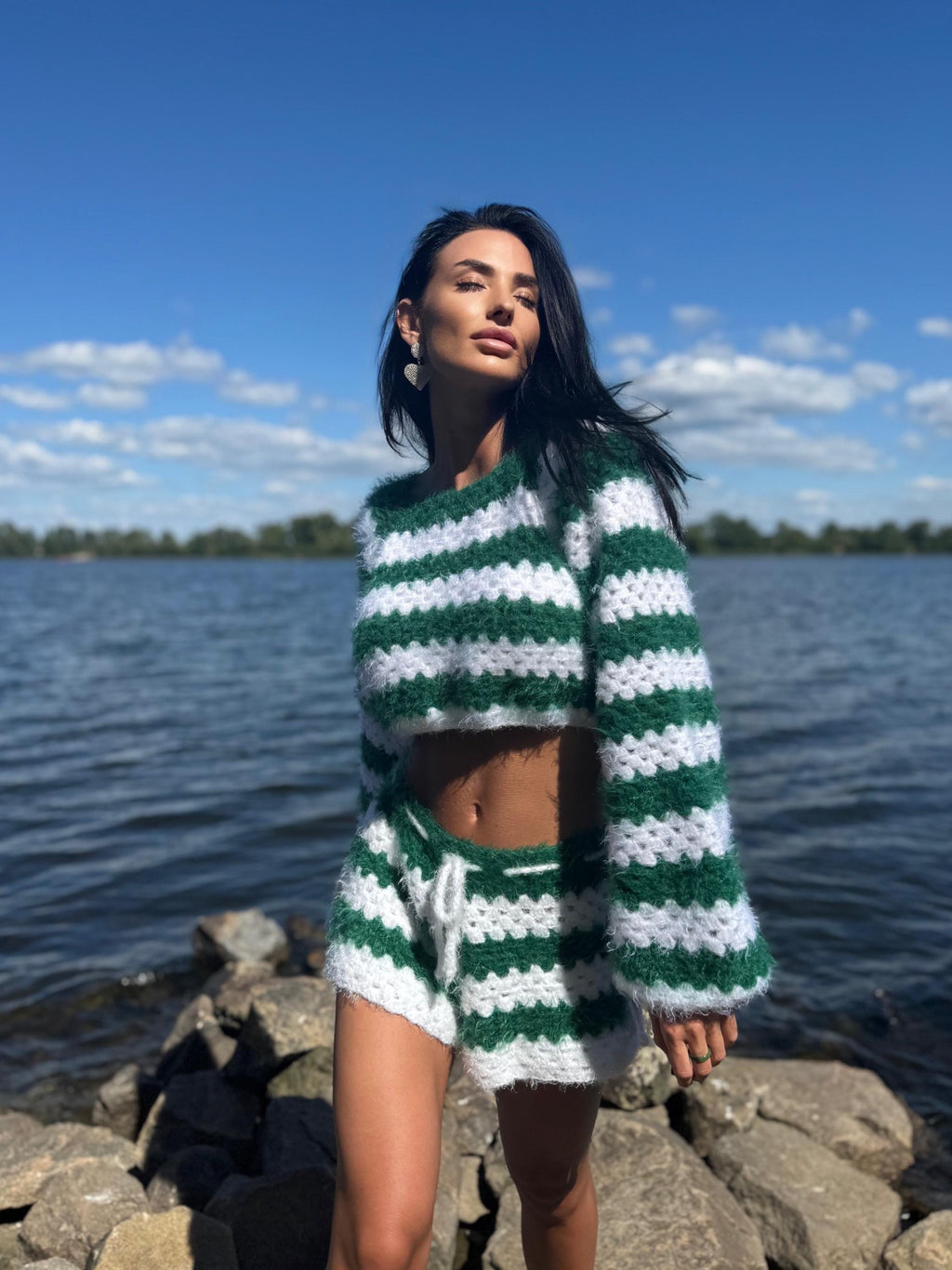 Fluffy crochet Lounge Set Oversized crop sweater Slit shorts Soft cozy homewear Travel outfit Festival clothing Two piece striped suit