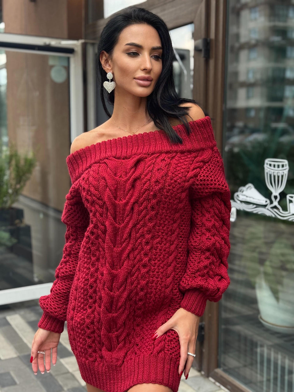 Hand knit merino wool red burgundy sweater dress women Cable knit sweater open shoulders Long wool sweater braids knit dress one shoulder