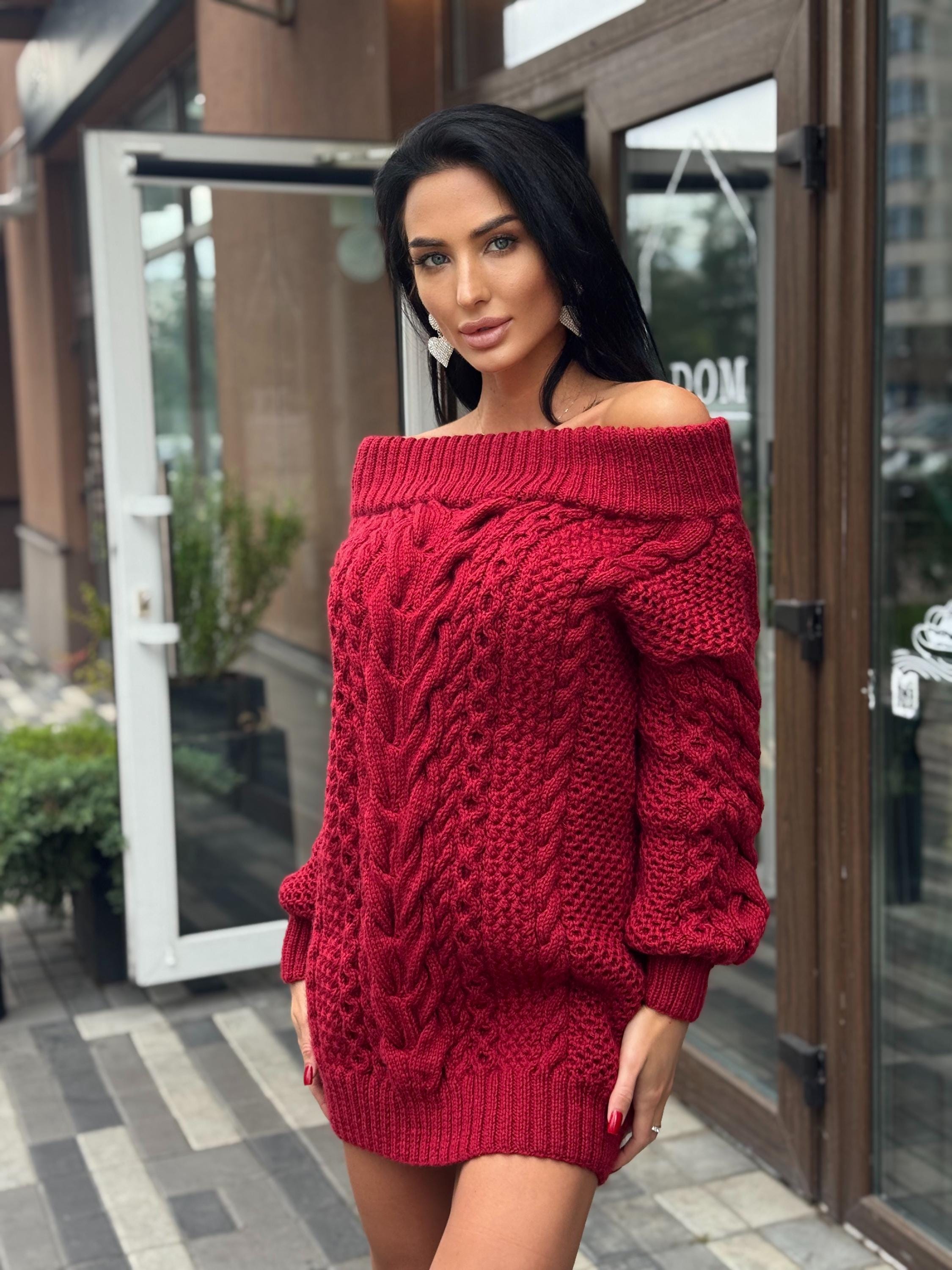 Hand knit merino wool red burgundy sweater dress women Cable knit sweater open shoulders Long wool sweater braids knit dress one shoulder