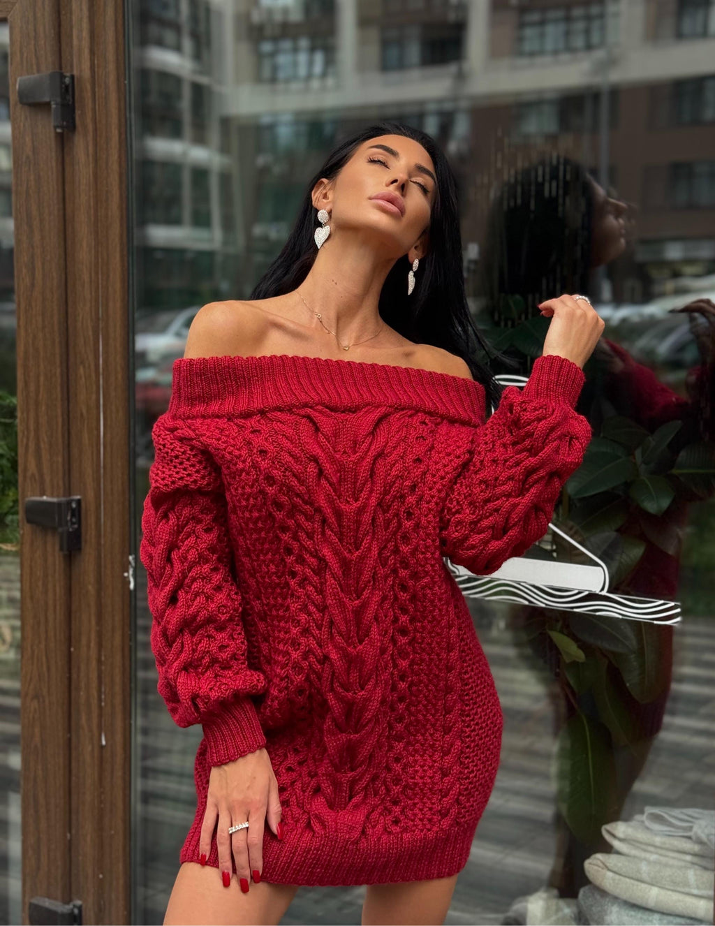 Hand knit merino wool red burgundy sweater dress women Cable knit sweater open shoulders Long wool sweater braids knit dress one shoulder
