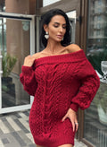 Hand knit merino wool red burgundy sweater dress women Cable knit sweater open shoulders Long wool sweater braids knit dress one shoulder