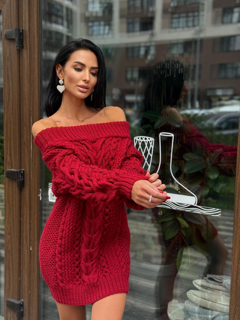 Hand knit merino wool red burgundy sweater dress women Cable knit sweater open shoulders Long wool sweater braids knit dress one shoulder