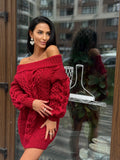 Hand knit merino wool red burgundy sweater dress women Cable knit sweater open shoulders Long wool sweater braids knit dress one shoulder