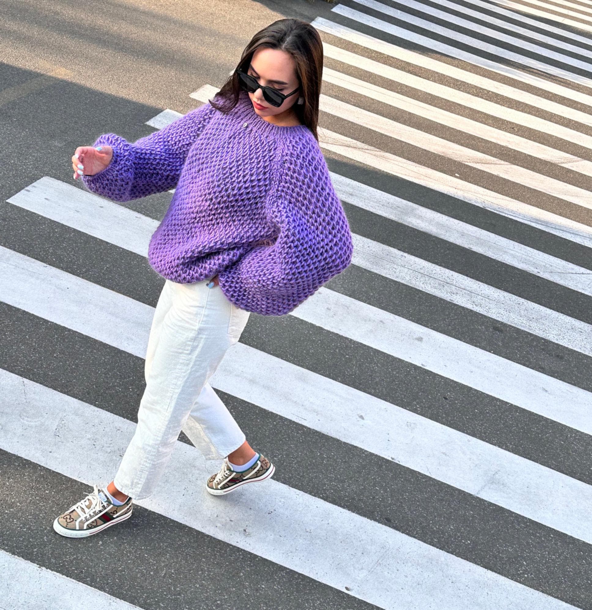 Chunky hand knit alpaca wool soft violet sweater purple Hand knit Pastel sweater Cable knit crop pullover Big cozy sweater for women