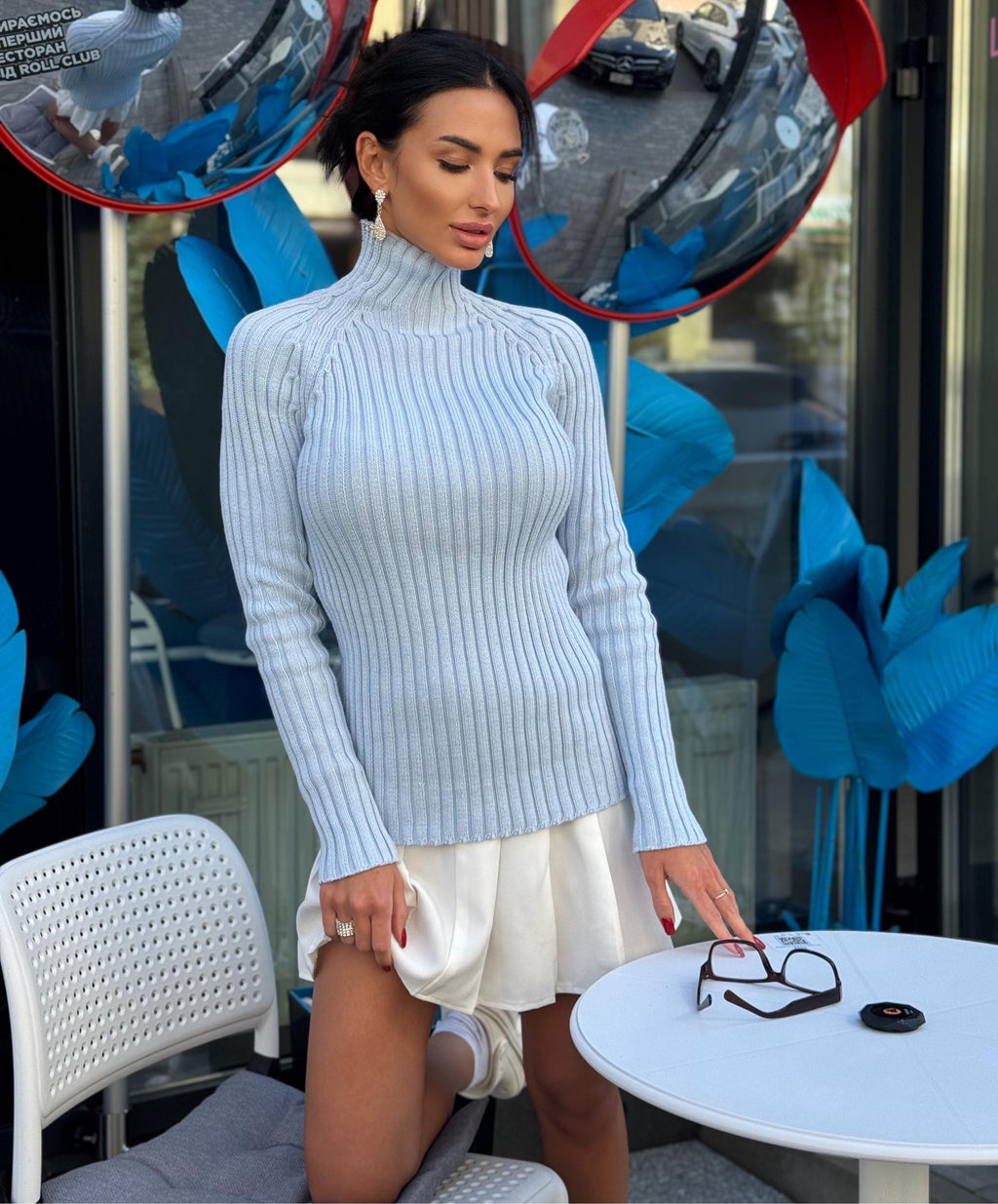 Organic Cotton or wool knitted light blue turtleneck women Ribbed Knit sweater long sleeve sweater Comfortable body-friendly Turtle neck
