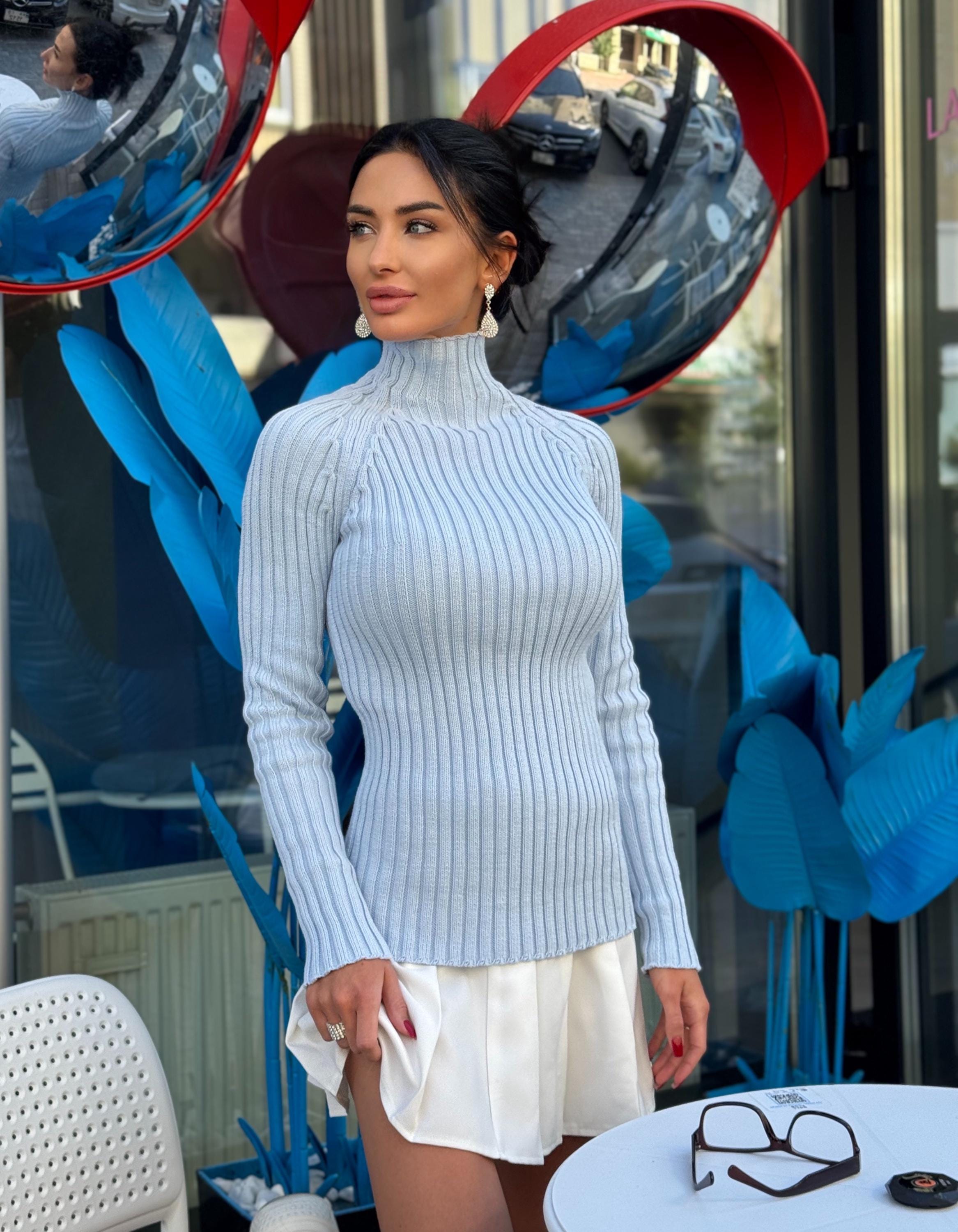 Organic Cotton or wool knitted light blue turtleneck women Ribbed Knit sweater long sleeve sweater Comfortable body-friendly Turtle neck