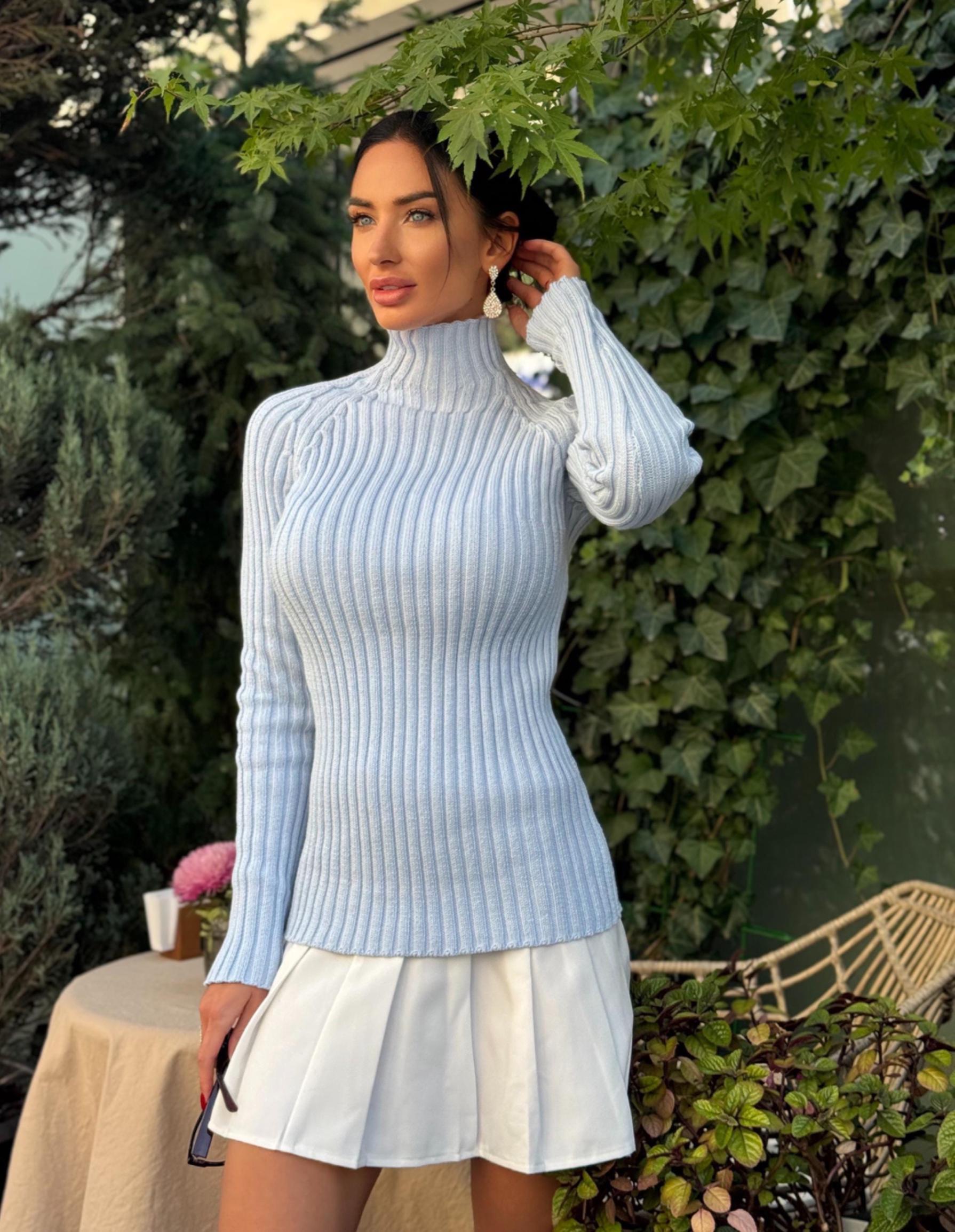 Organic Cotton or wool knitted light blue turtleneck women Ribbed Knit sweater long sleeve sweater Comfortable body-friendly Turtle neck