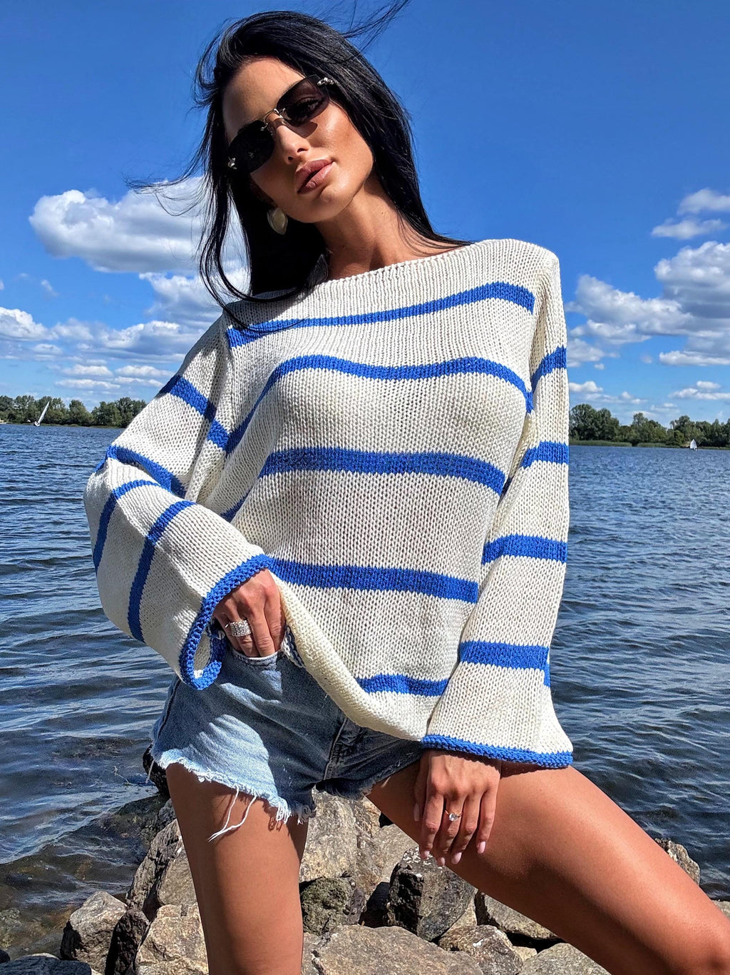 Lightweight thin knit nautical white milk pullover in blue stripes Womens oversize sweater cream blue striped wide sleeve Boat Neck Collar