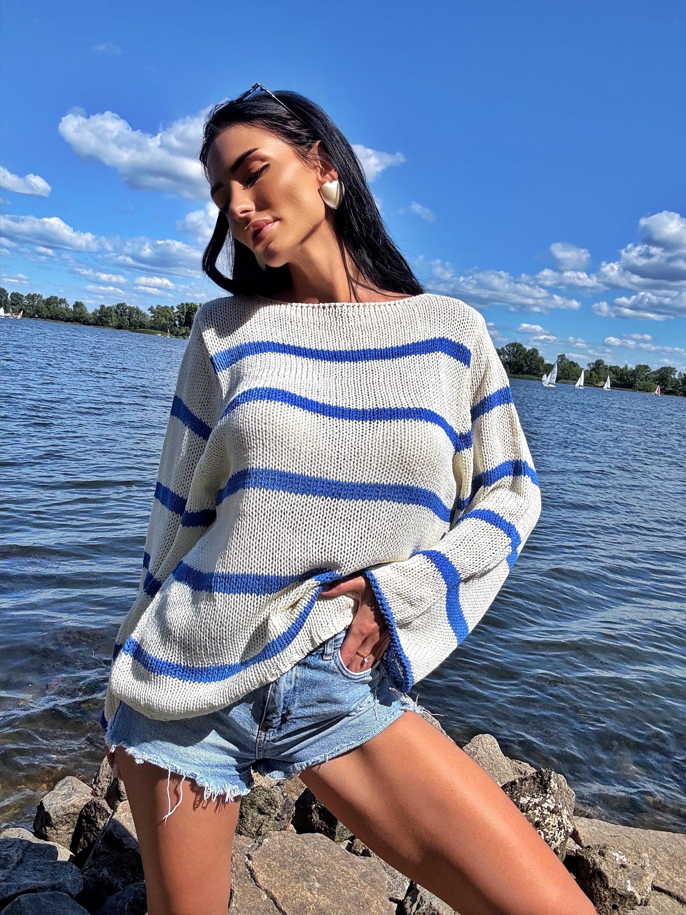 Handknit sailor white milk pullover blue stripes wool organic cotton Womens oversize sweater cream blue striped wide sleeve Boat Neck Collar