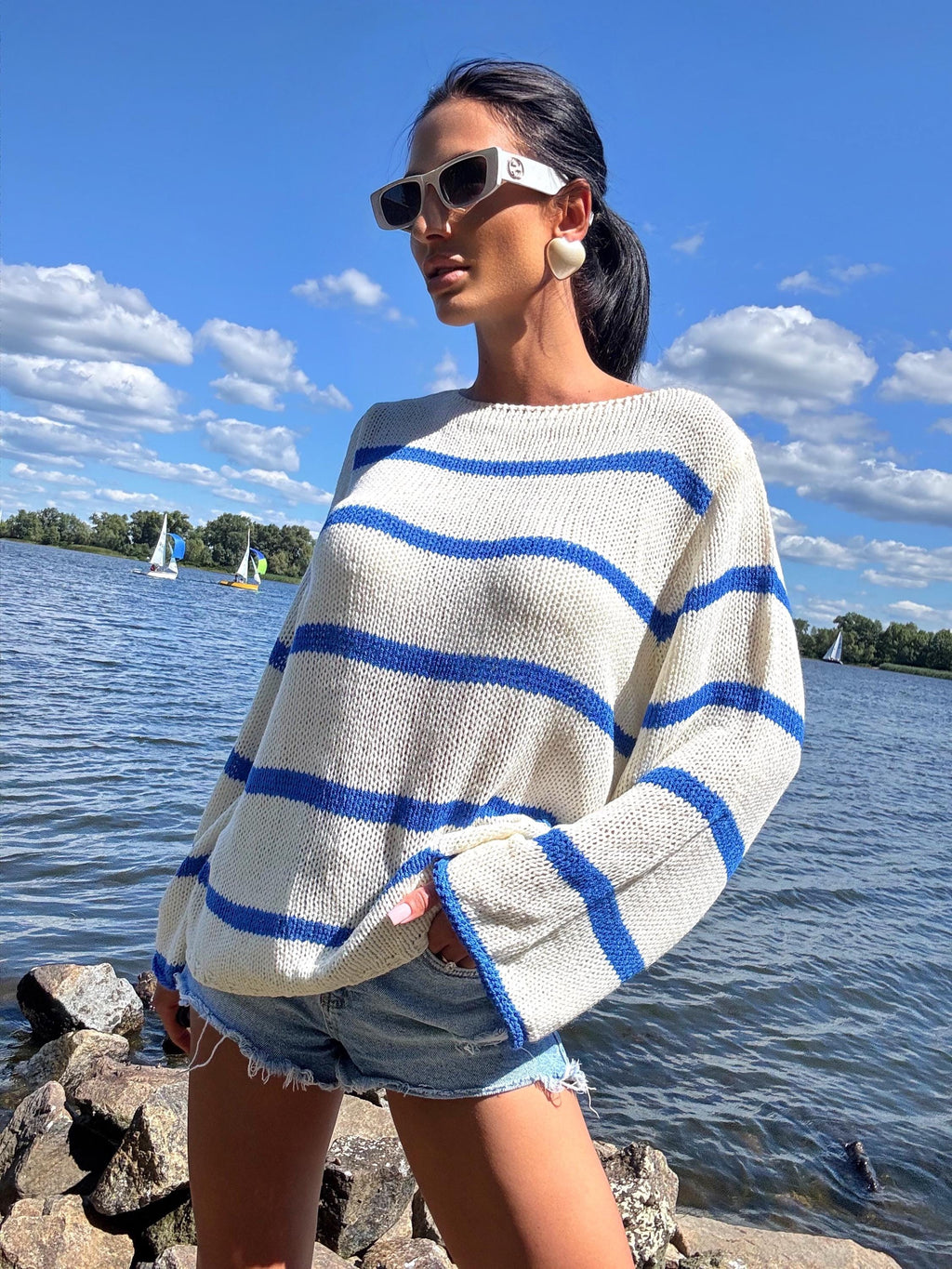 Lightweight thin knit nautical white milk pullover in blue stripes Womens oversize sweater cream blue striped wide sleeve Boat Neck Collar