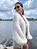 Hand knit White - Grey fluffy merino wool mix cardigan women Wedding wool cardigan Fall shaggy Coat Jacket Women Bridal shrug bolero