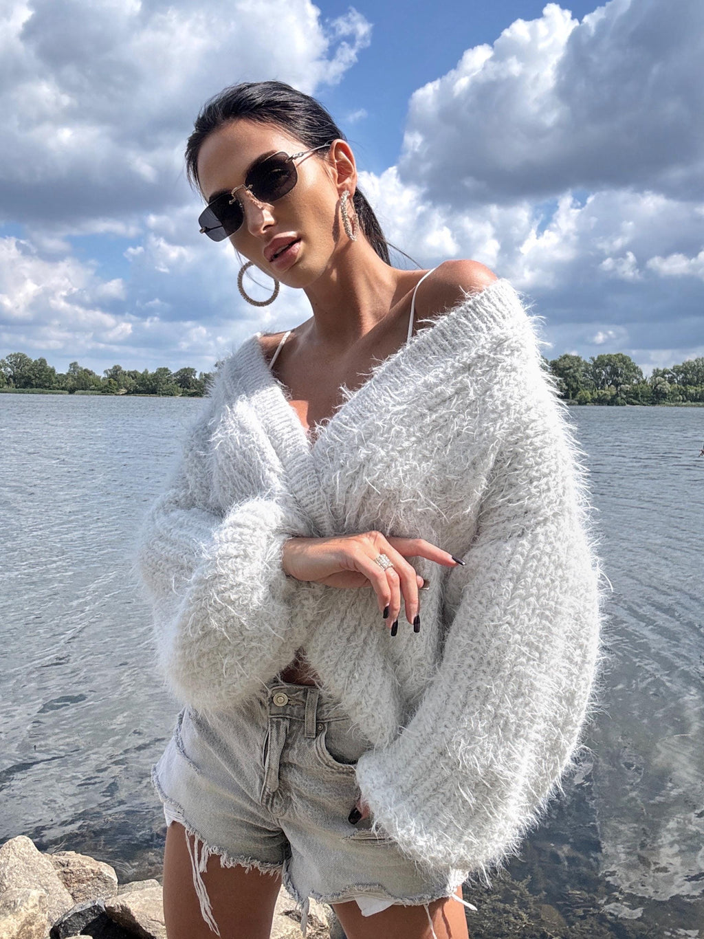 Hand knit White - Grey fluffy merino wool mix cardigan women Wedding wool cardigan Fall shaggy Coat Jacket Women Bridal shrug bolero