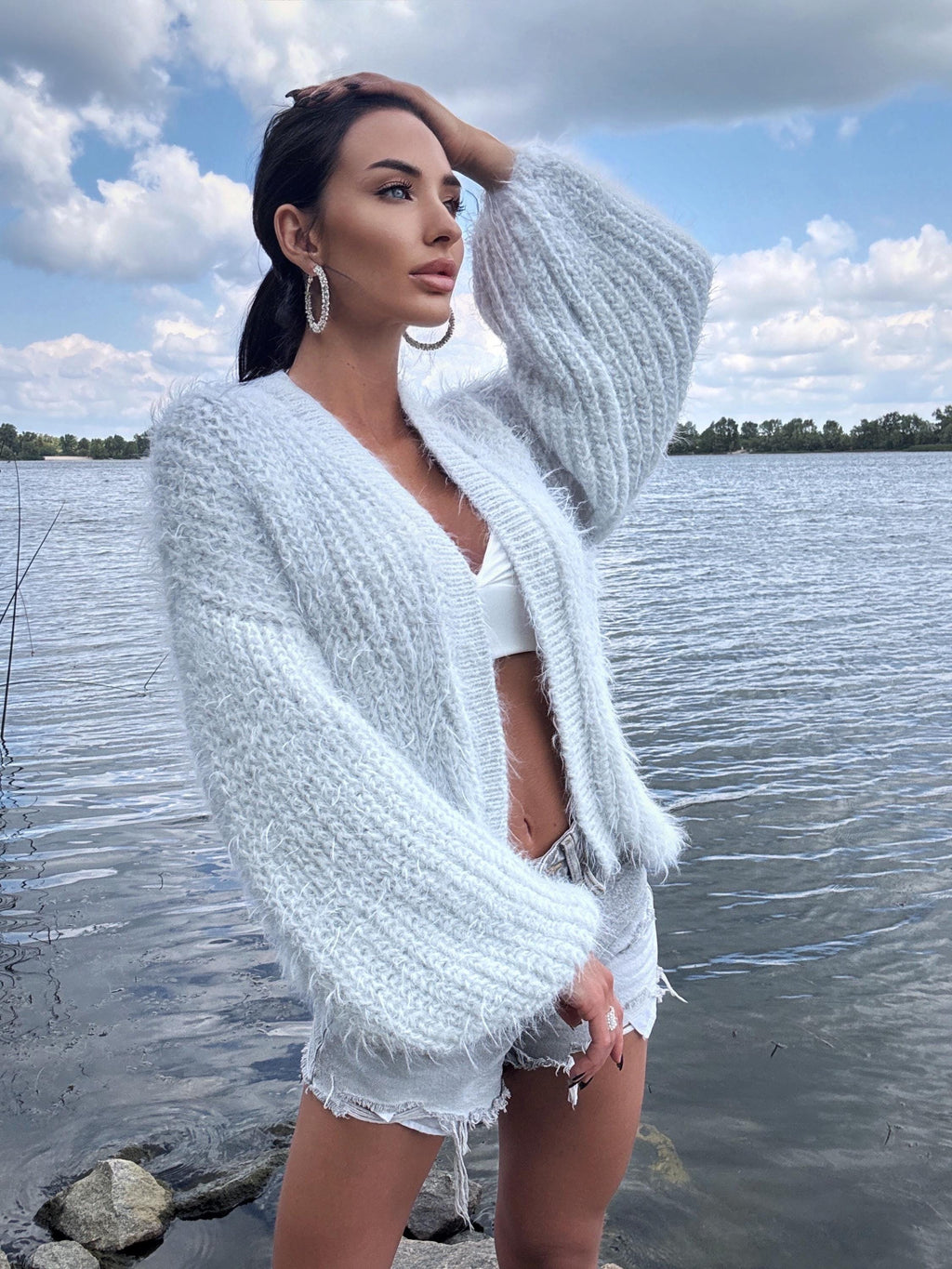Hand knit White - Grey fluffy merino wool mix cardigan women Wedding wool cardigan Fall shaggy Coat Jacket Women Bridal shrug bolero