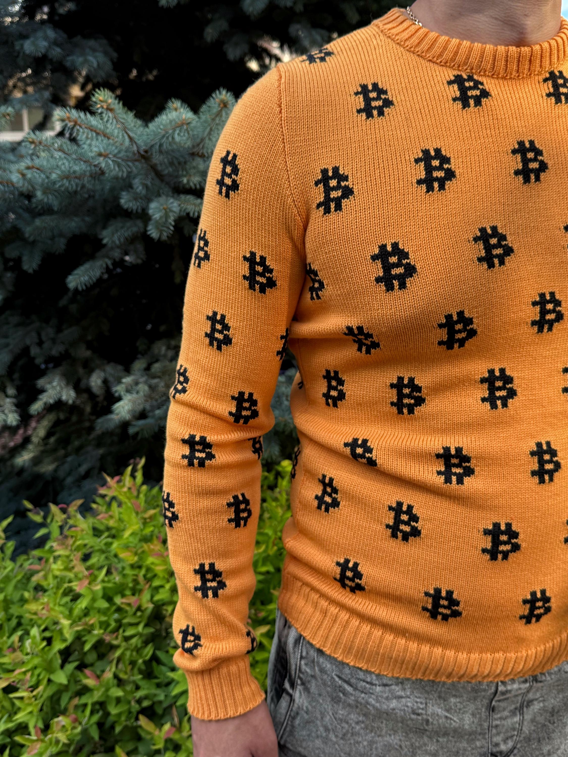 Hand knit mens «В» orange black sweater Crypto clothing Knitted merino funny sweater for him Bitcoin Unisex Crypto Sweater Funny Sweatshirt