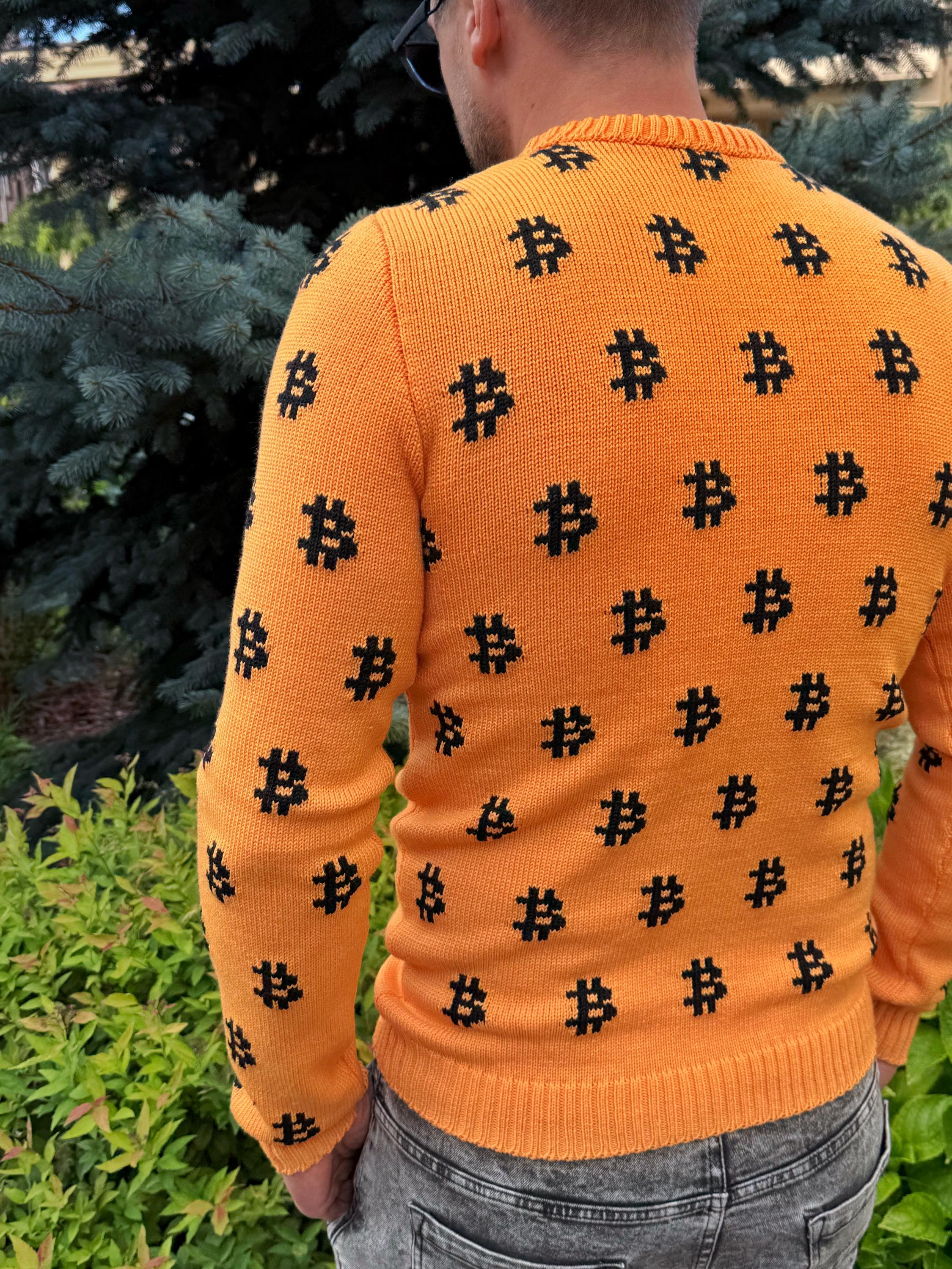 Hand knit mens «В» orange black sweater Crypto clothing Knitted merino funny sweater for him Bitcoin Unisex Crypto Sweater Funny Sweatshirt