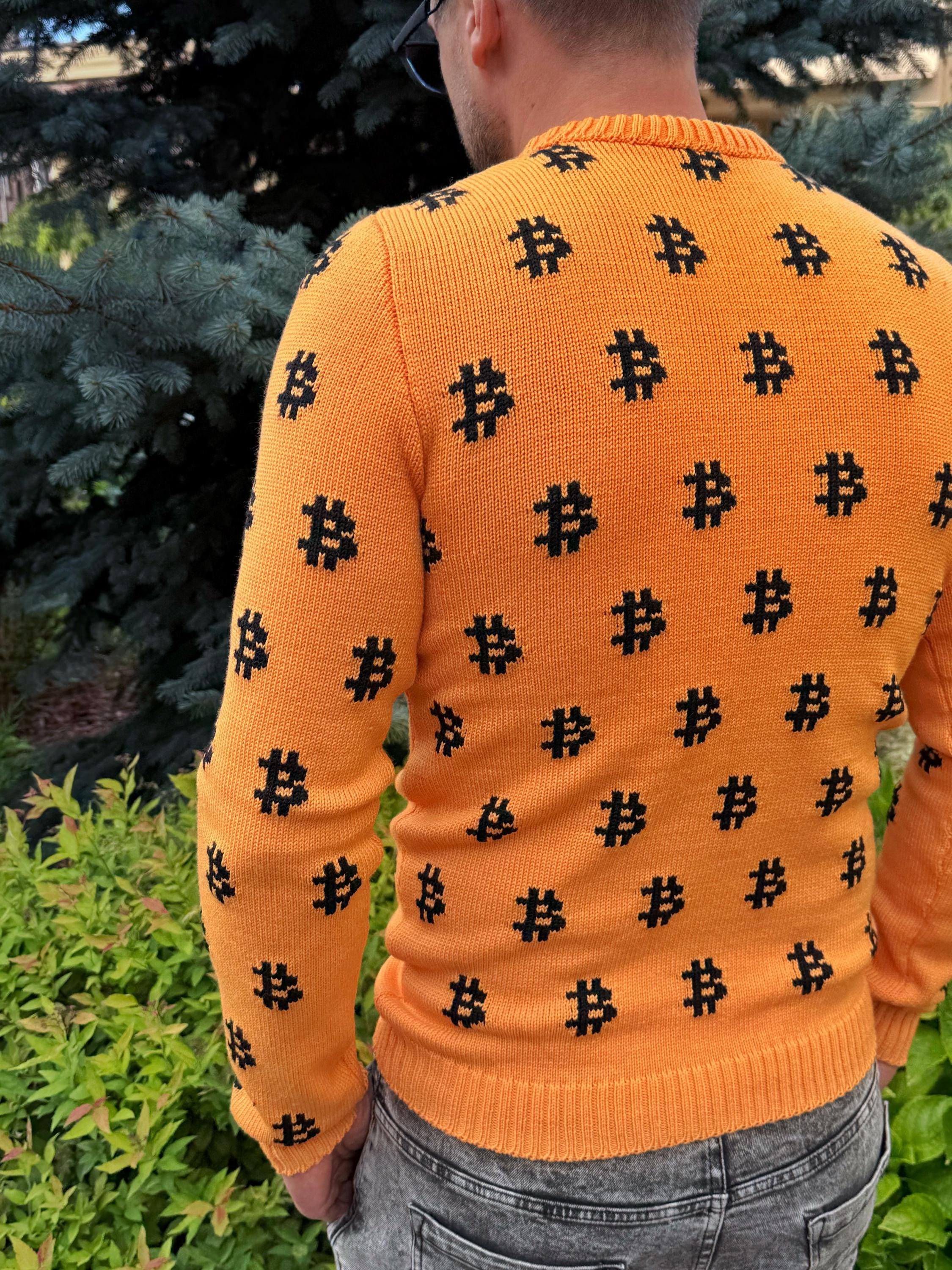 Hand knit mens «В» orange black sweater Crypto clothing Knitted merino funny sweater for him Bitcoin Unisex Crypto Sweater Funny Sweatshirt